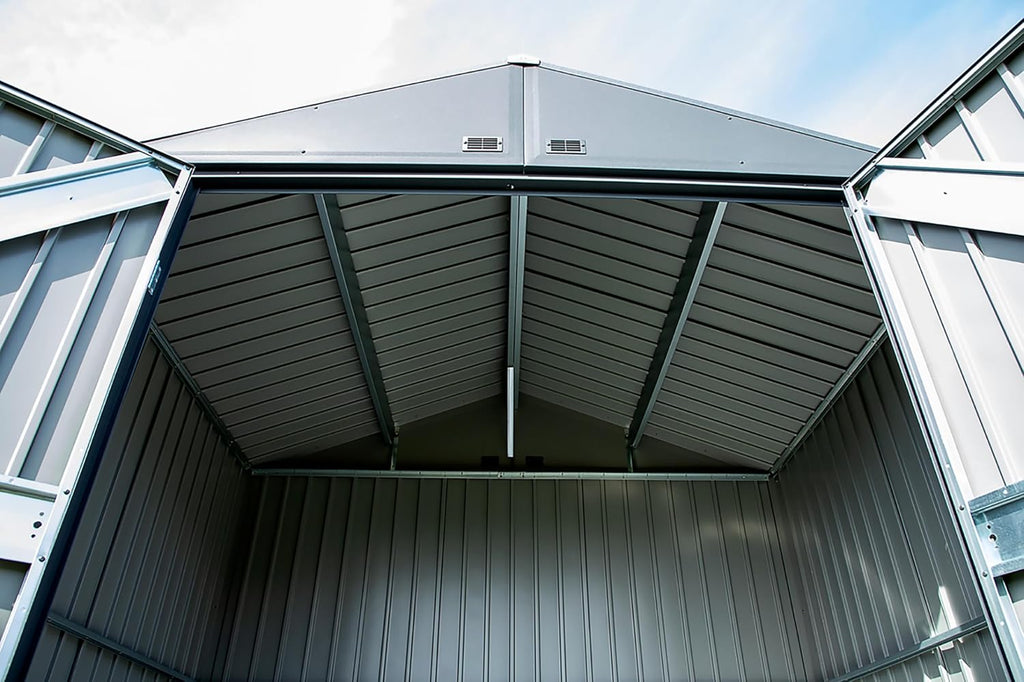 Arrow Shed Elite 12' x 12' Tall Outdoor Steel Storage Shed with High Gable and Lockable Doors Storage Building, Anthracite