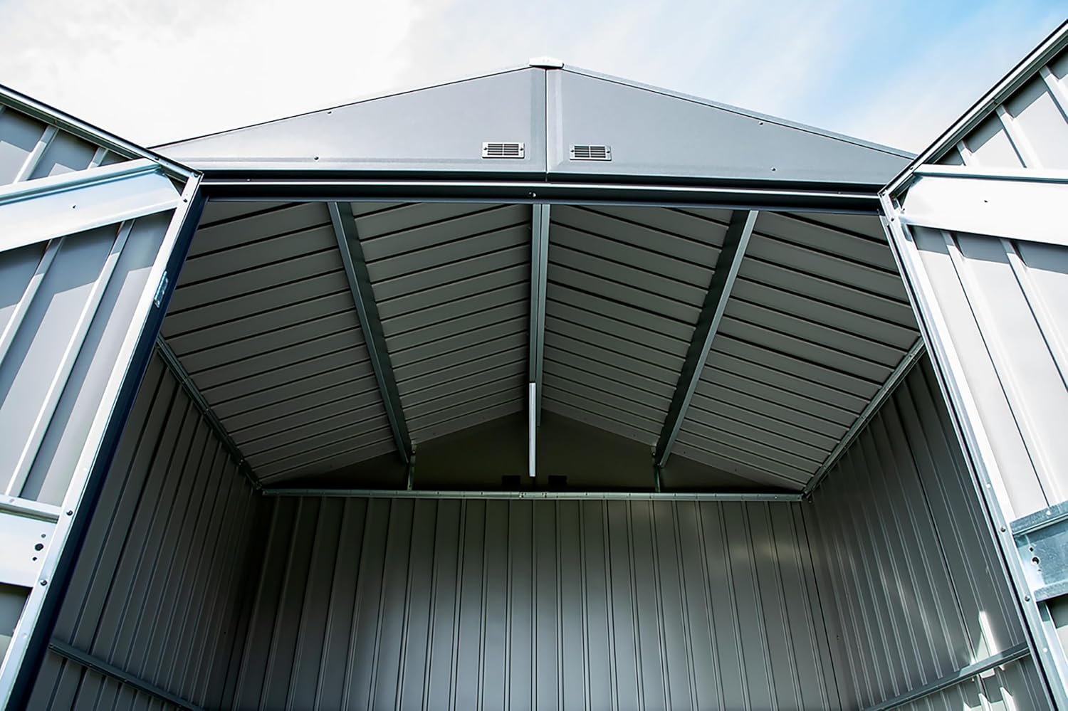 Arrow Shed Elite 12' x 12' Tall Outdoor Steel Storage Shed with High Gable and Lockable Doors Storage Building, Anthracite