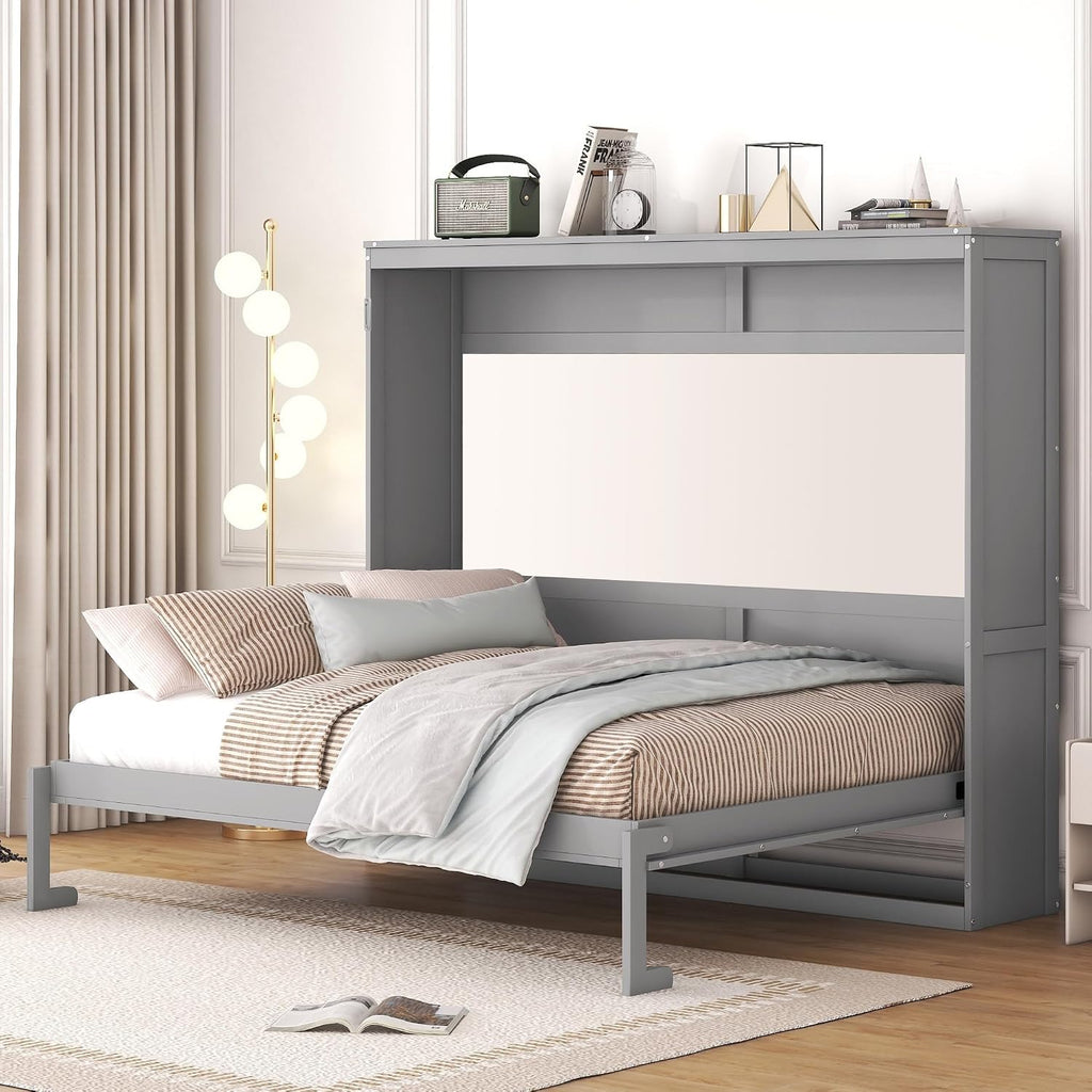 Merax Modern Farmhouse Solid Wood Murphy Bed Chest, Wall Bed with Wood Slat Support/No Box Spring Needed/Space Saving/Queen,Gray