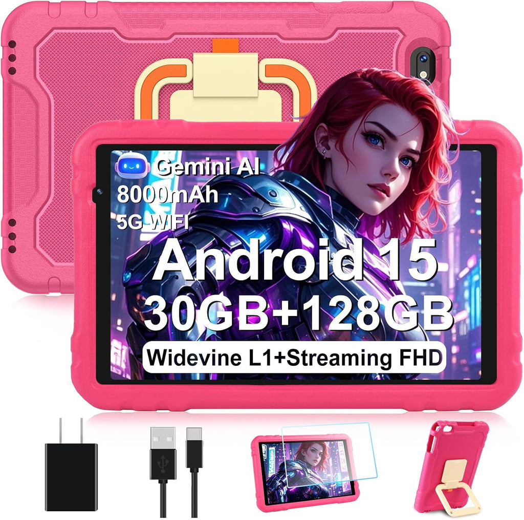2026 Tablet 10 inch Android 15 Tablets 30GB RAM 128GB ROM 1TB Expand, 8000mAh Octa-Core Tablet with Drop-proof Case, Gemini AI, HD IPS Display, GPS, 5G WIFI, Split-screen, Widevine L1 -Metal Rose Red