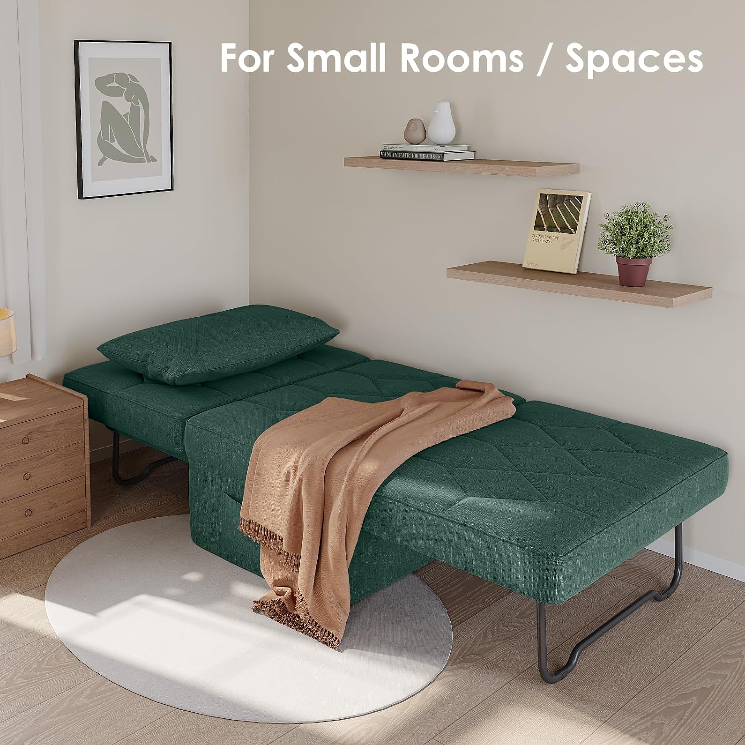 Ottoman Bed with 5-Level Adjustable Backrest, 74' D x 28' W 4-in-1 Convertible Sleeper Chair Bed, Folding Sofa Bed for Living Room, Apartment, Dorm & Small Space, Green