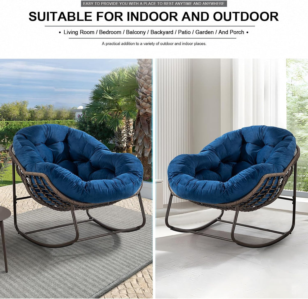 Outdoor Rocking Chair Set of 2, Patio Oversized Rattan Egg Rocking Chair, Indoor Outside Padded Cushion Rocker Recliner Chair, Modern Lounge Chair for Front Porch, Garden, Backyard, Balcony, Navy Blue