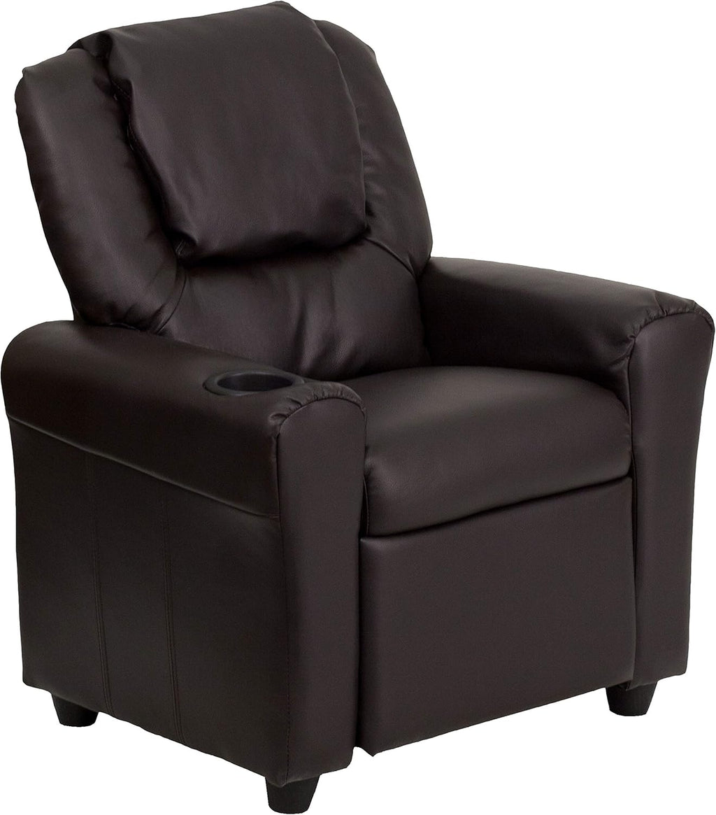 EMMA + OLIVER Brown LeatherSoft Kids Recliner with Cup Holder and Headrest