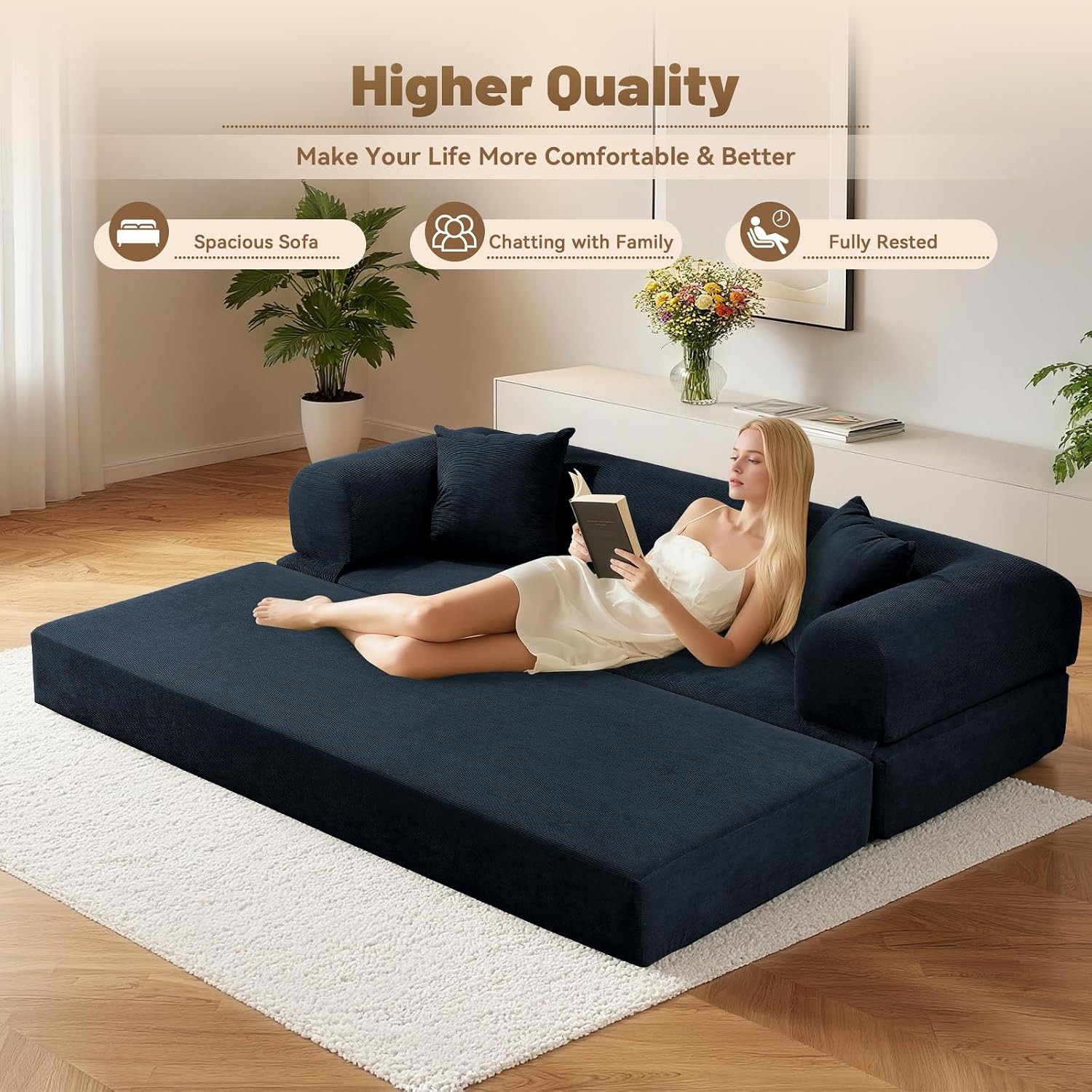 Convertible Sofa Bed Couch,80 Inch Boneless Couches for Living Room,Folding Sleeper Sofa Bed Queen with Storage,Corduroy Flod Out Couch Compressed Couch in a Box,Deep Blue