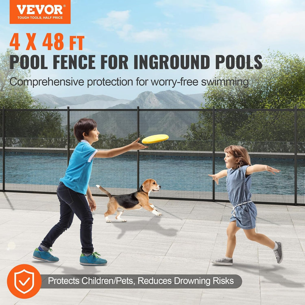 VEVOR Pool Fence, 4 x 48 FT Pool Fences for Inground Pools, Removable Pool Fencing, Easy DIY Installation Swimming Pool Fence, 340gms Teslin PVC Pool Fence Mesh Protects Kids and Pets