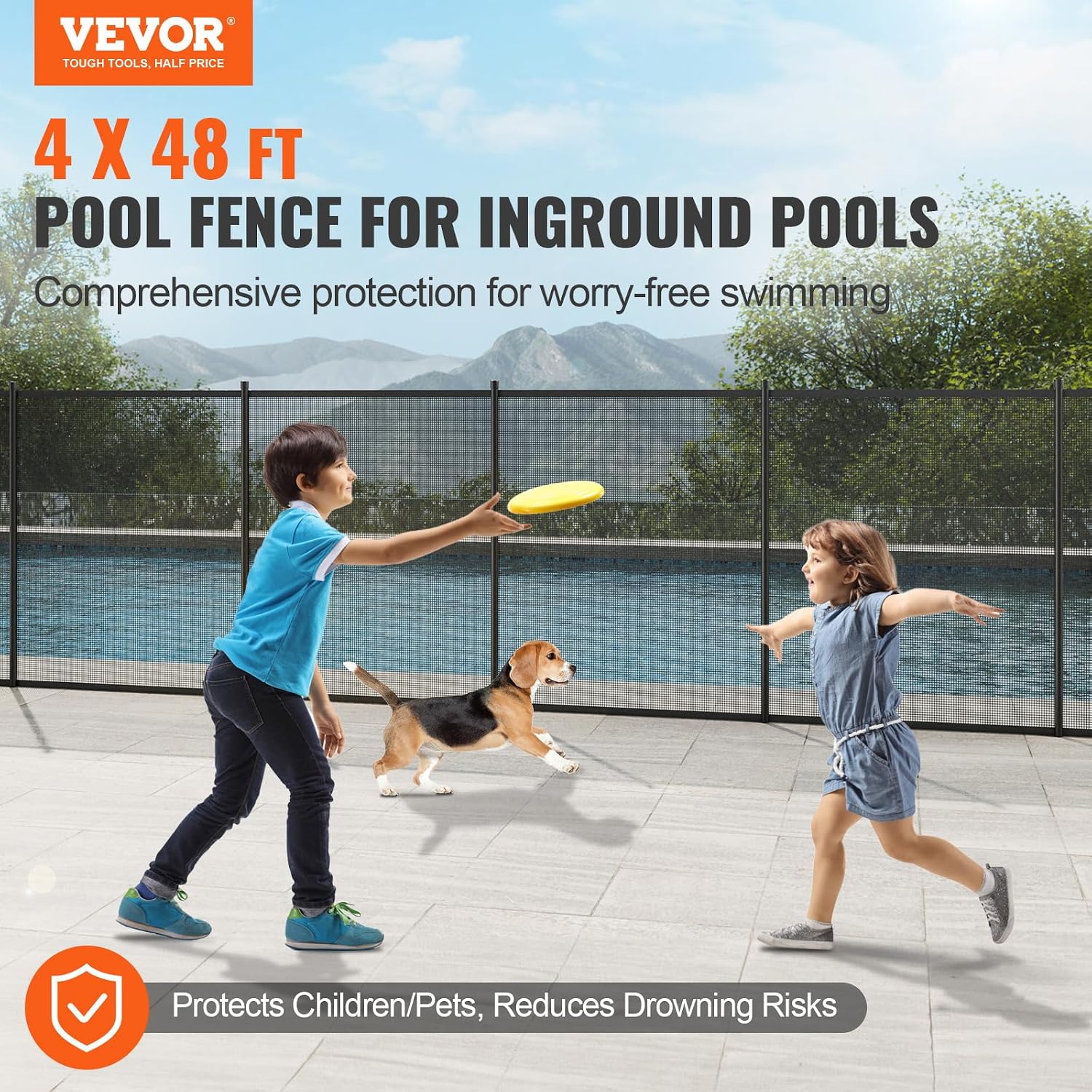 VEVOR Pool Fence, 4 x 48 FT Pool Fences for Inground Pools, Removable Pool Fencing, Easy DIY Installation Swimming Pool Fence, 340gms Teslin PVC Pool Fence Mesh Protects Kids and Pets