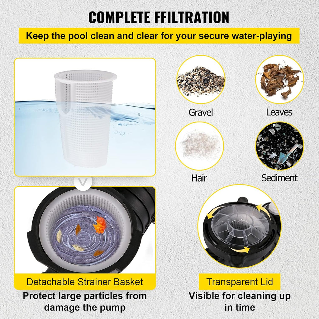 VEVOR 1HP Swimming Pool Pump, Dual Voltage 110V/220V, Circulates 5544GPH for Efficient Water Movement Above Pools, Includes Strainer Basket & Two 1-1/2'' NPT Connectors