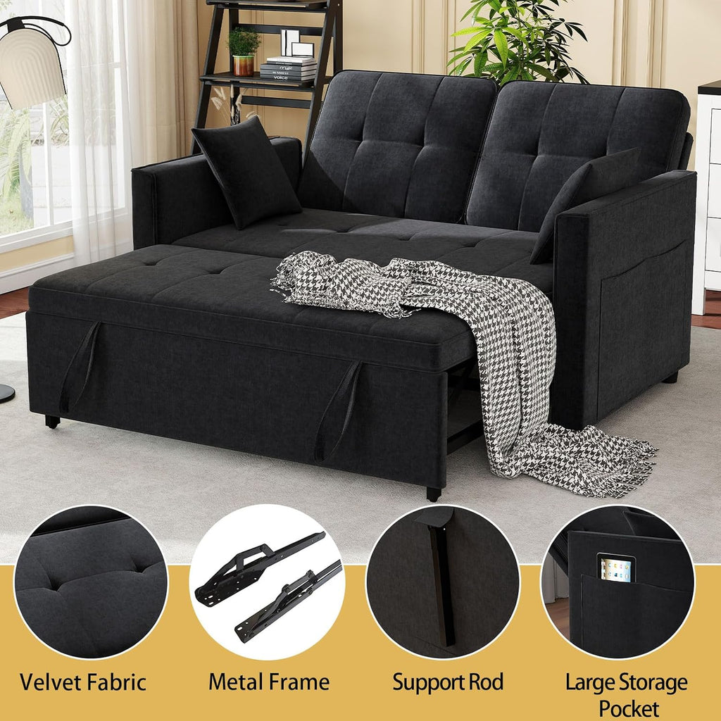Black Convertible Sofa Bed: 3 in 1 Sleeper Sofa Couch Bed, Pull Out Couch with Adjustable Backrest, Velvet Convertible Loveseat Sleeper, for Living Room