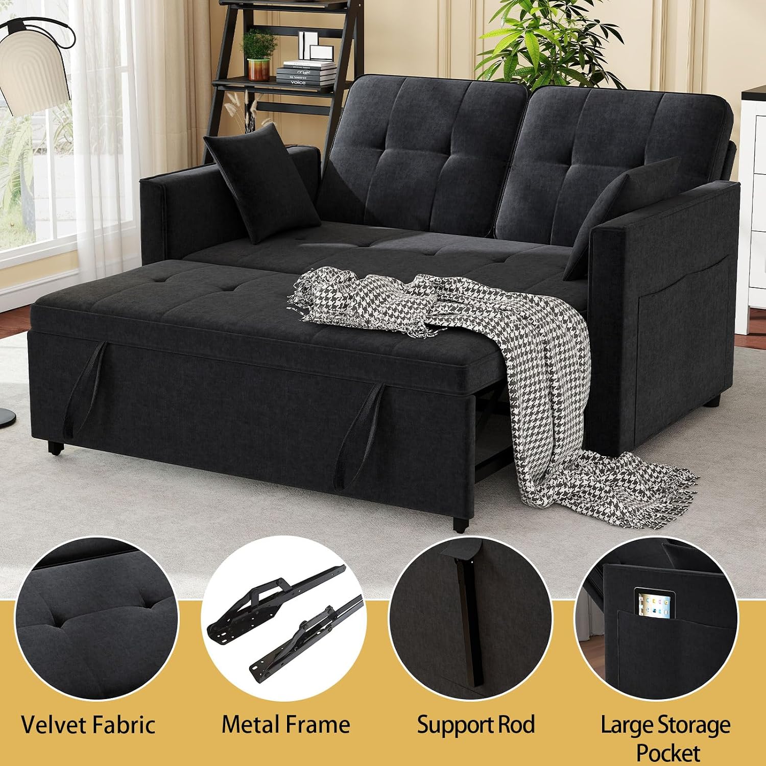 Black Convertible Sofa Bed: 3 in 1 Sleeper Sofa Couch Bed, Pull Out Couch with Adjustable Backrest, Velvet Convertible Loveseat Sleeper, for Living Room