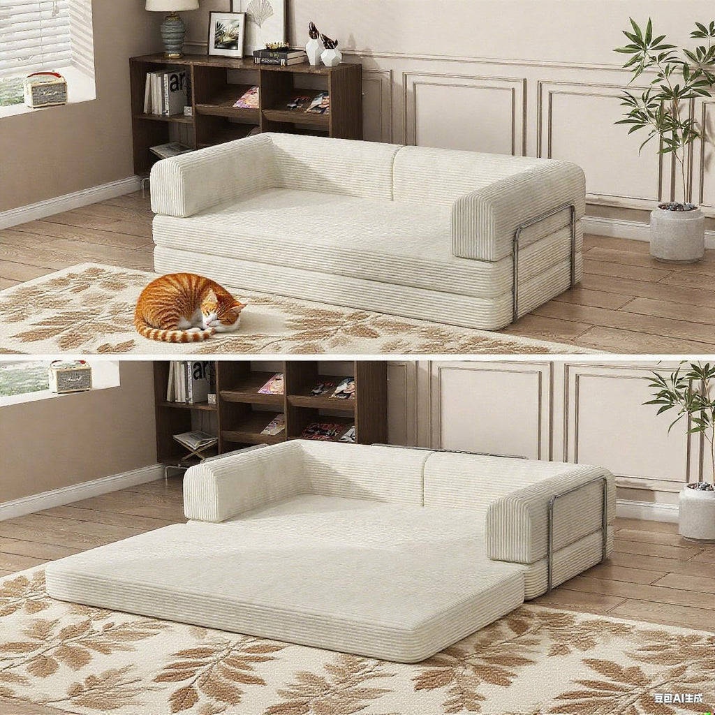 Convertible Corduroy Sleeper Sofa Bed,Folding Mattress Couch with Fixed-Shape Frame, 3 Seater Fold Out King Size Futon,No Assembly Floor Couch for Living Room Dorm Studio 78.7*39.4*29.6 Inch Beige