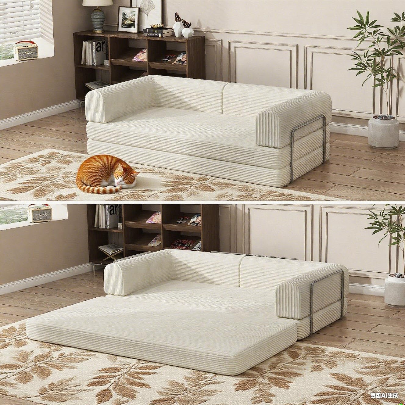 Convertible Corduroy Sleeper Sofa Bed,Folding Mattress Couch with Fixed-Shape Frame, 3 Seater Fold Out King Size Futon,No Assembly Floor Couch for Living Room Dorm Studio 78.7*39.4*29.6 Inch Beige