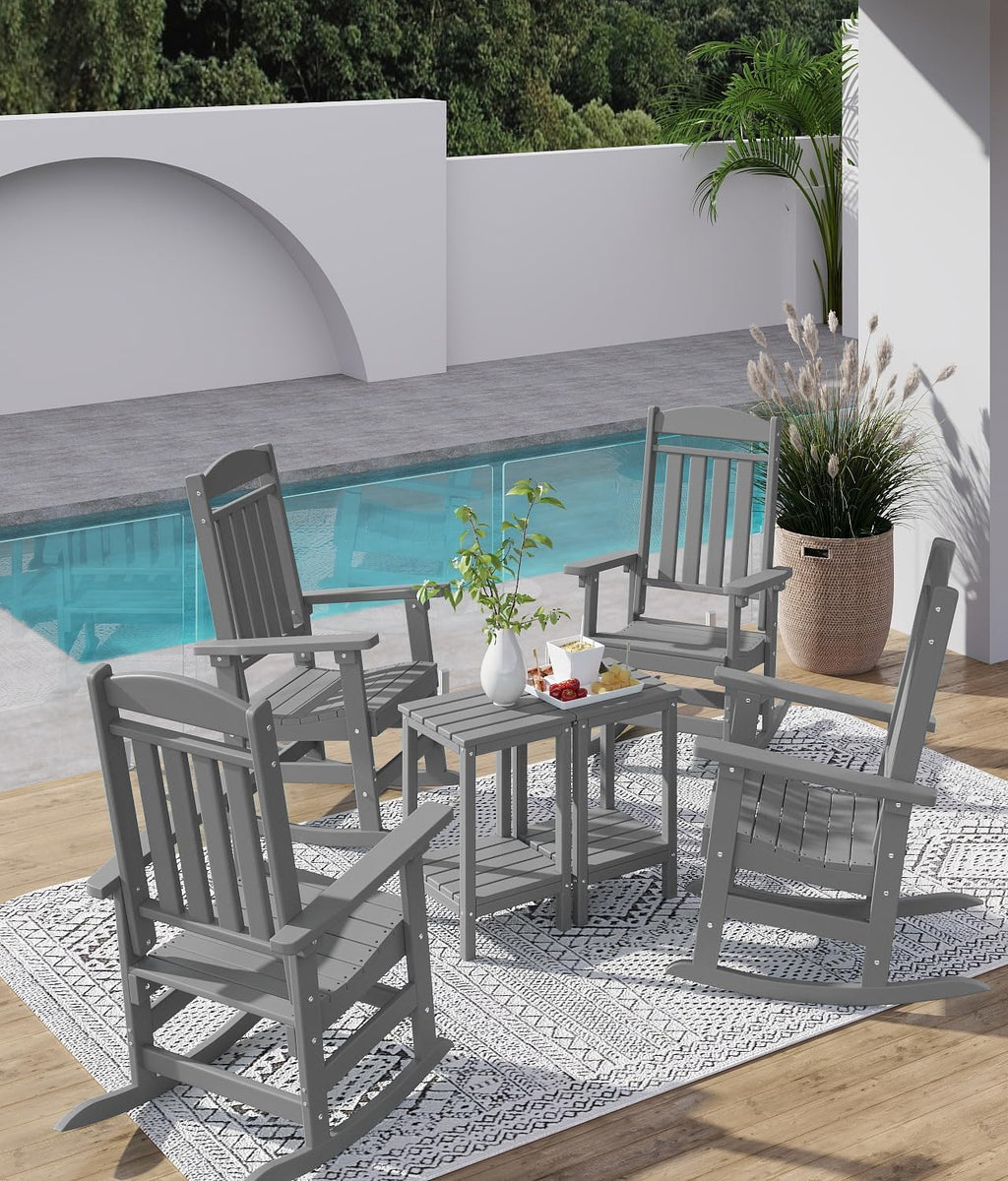 FOOWIN Outdoor Rocking Chair, High Back Patio Rocking Chair, HDPE All Weather Resistant Porch Rocker for Adult, Oversized Rocking Chairs for Garden, Lawn, Indoor & Outdoor Use, Grey