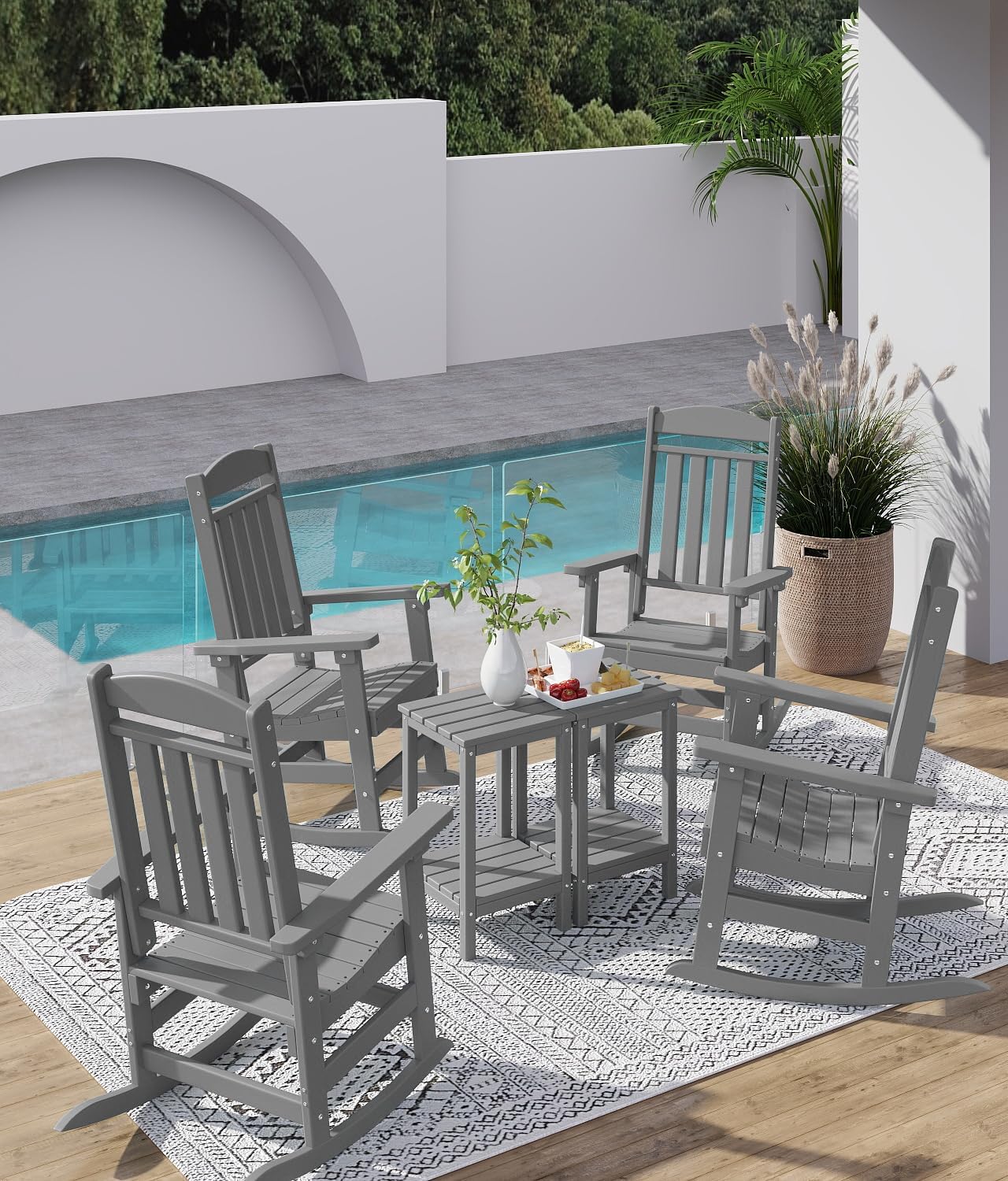 FOOWIN Outdoor Rocking Chair, High Back Patio Rocking Chair, HDPE All Weather Resistant Porch Rocker for Adult, Oversized Rocking Chairs for Garden, Lawn, Indoor & Outdoor Use, Grey