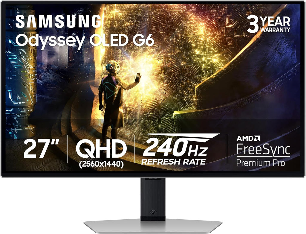 SAMSUNG 27' Odyssey OLED G6 (G61SD) QHD & QD-OLED 240Hz 0.03ms FreeSync Premium Pro Gaming Monitor with Sleek Metal Design, 3 Year Warranty, US, LS27DG610SNXZA, 2024 (Renewed)
