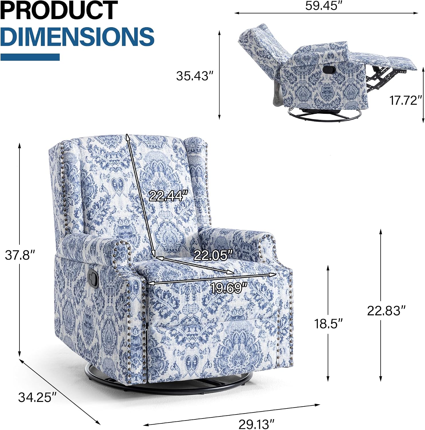 Lumibee Swivel Rocker Recliner Chairs, Printed Fabric Swivel Glider Rocking Chair with High Back, Upholstered Deep Seat Wingback Recliner Chair for Living Room Bedroom, Navy