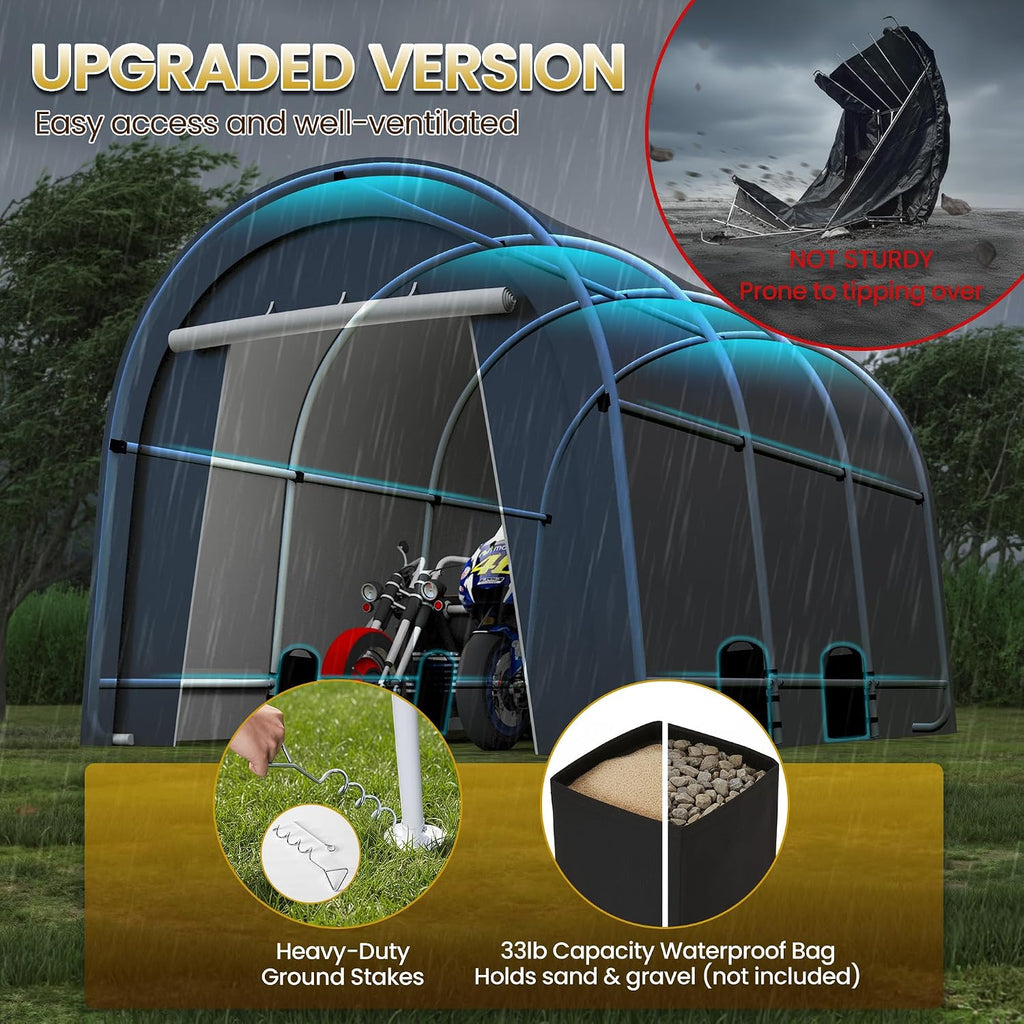 Kiss the Water Domed Carport with 4 Cloth Bags, Portable Garage with 2 Roll-up Doors, Heavy Duty Car Canopy Party Tent, All-Season Storage Shelter Shed for Cars, Truck, or Garden Tools, 10' x 15'