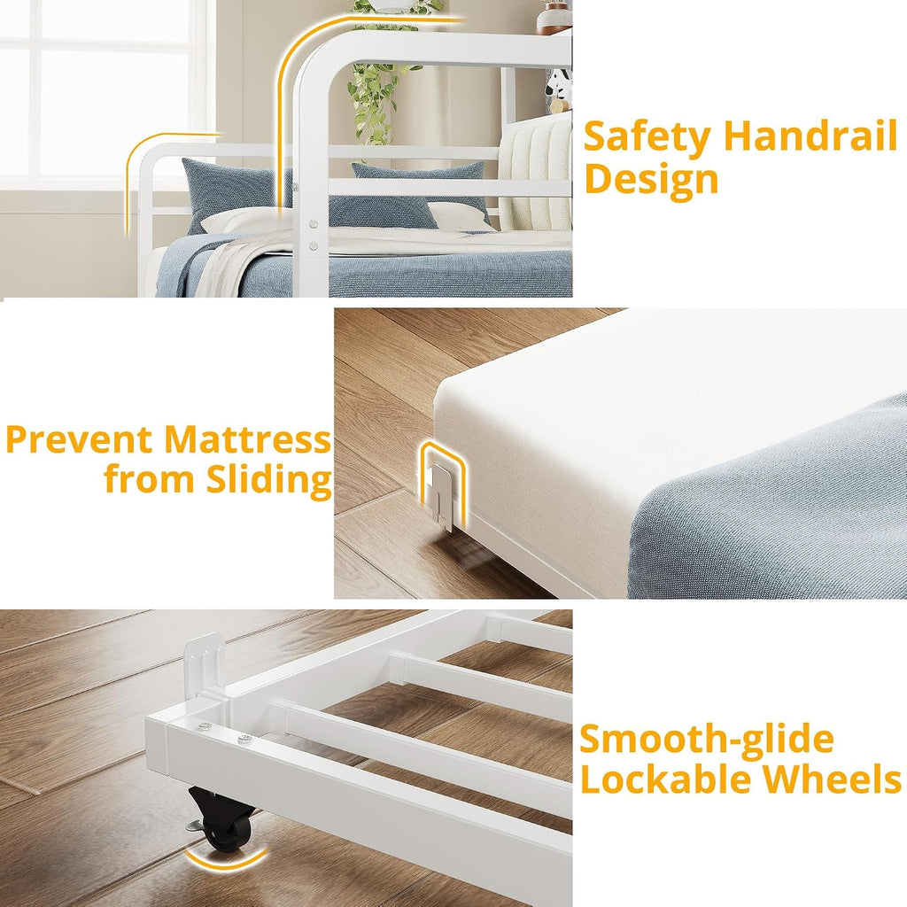 ANCTOR Daybed with Trundle, LED Lights and Charging Station, Full Size Daybed with 2-Tier Storage Shelves and Upholstered Headboard, Metal Sofa Bed Frame for Living Room, Bedroom, White