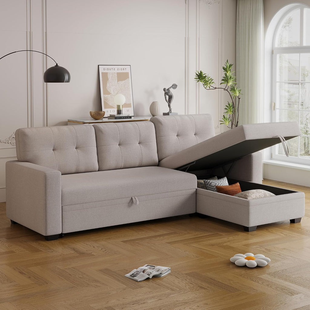 Ball & Cast Convertible Sectional Sleeper Sofa Bed L Shaped,4 in 1 Pull Out Couch with Reversible Storage Chaise & Removable Back Cushions,Sleeper Corner Pull Out Sofa Bed Couch for Living Room,Office
