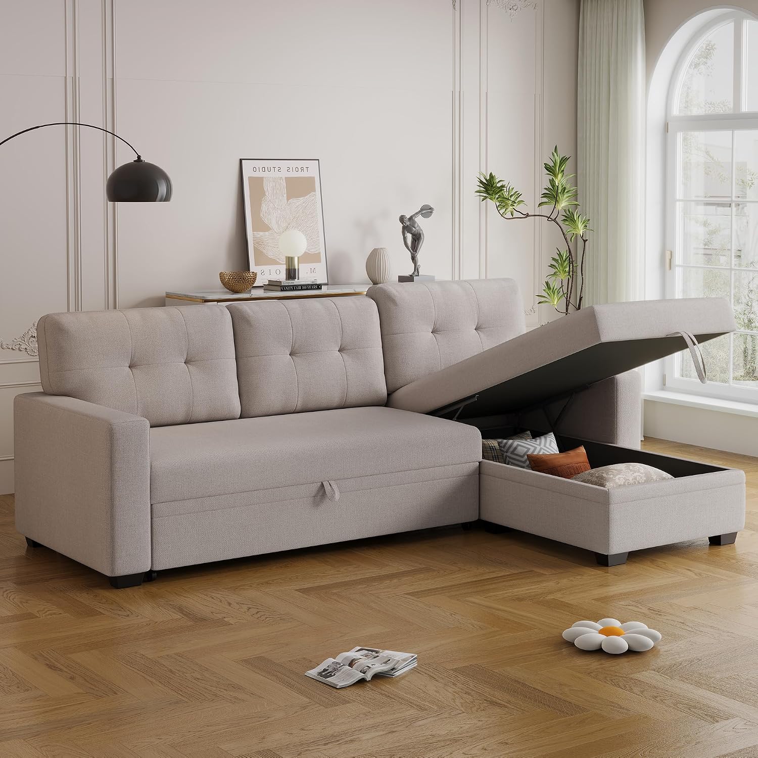 Ball & Cast Convertible Sectional Sleeper Sofa Bed L Shaped,4 in 1 Pull Out Couch with Reversible Storage Chaise & Removable Back Cushions,Sleeper Corner Pull Out Sofa Bed Couch for Living Room,Office