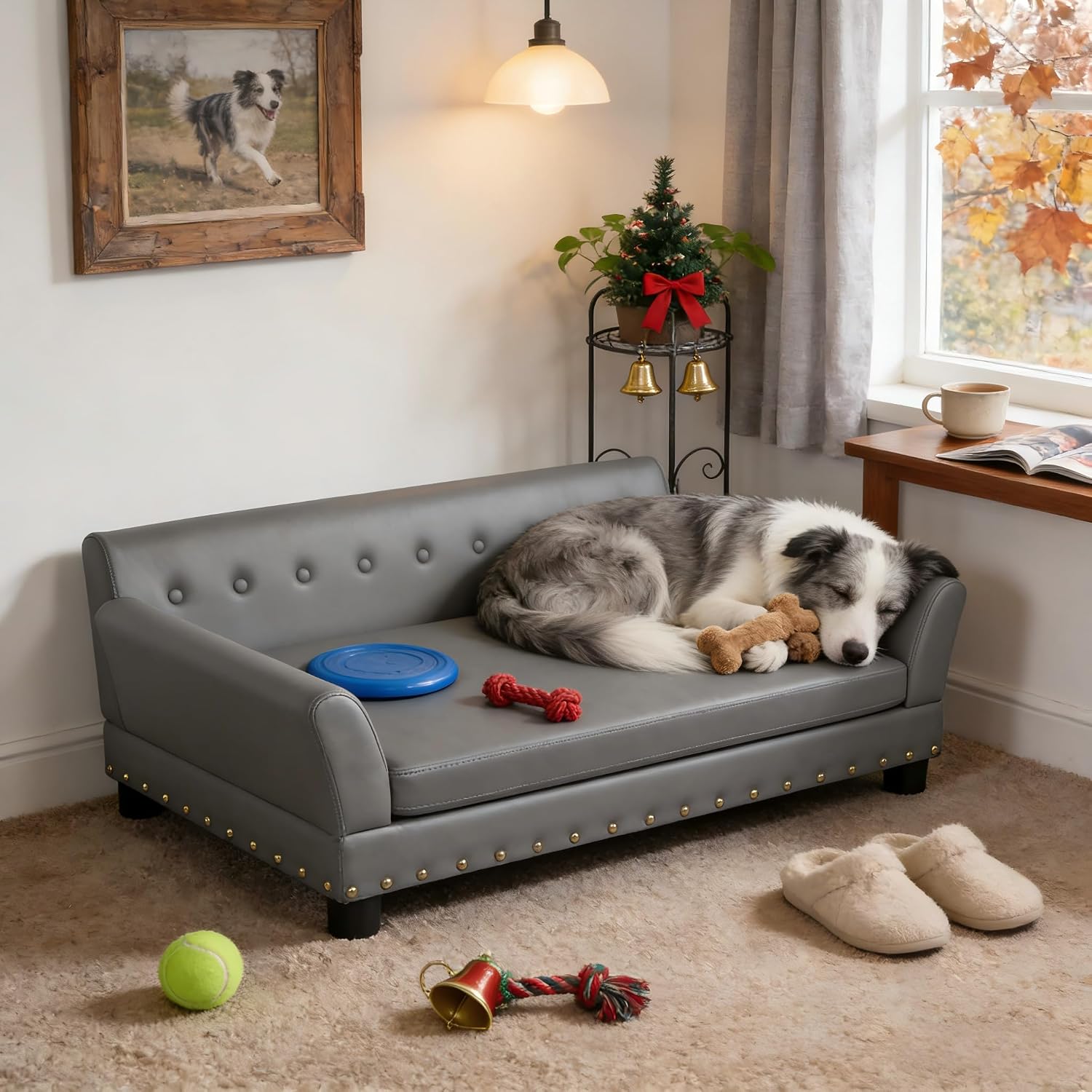 BingoPaw Large Leather Dog Sofa Bed: Pet Couch Orthopedic Made by Scratching Resistant Microfiber Leather - Doggy Heavy Duty Raised Daybed with Thicken Foam for Pets up to 80lbs