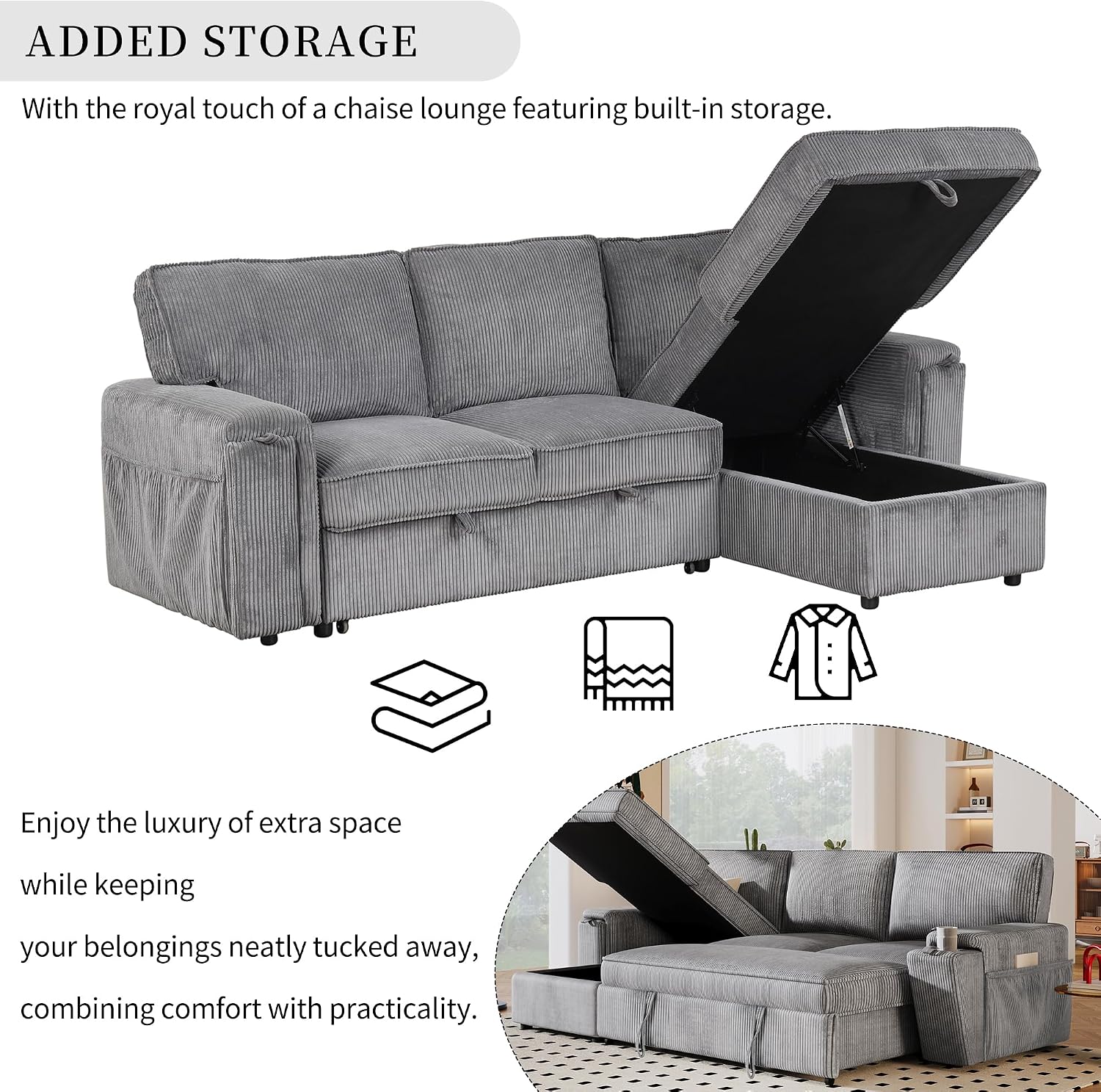 LUMISOL 96' Convertible Sectional Sofa with Pull Out Bed, Corduroy L-Shaped Sofa Bed with Storage Chaise, Sectional Sleeper Sofa with Cup Holders & Pockets for Living Room, Gray
