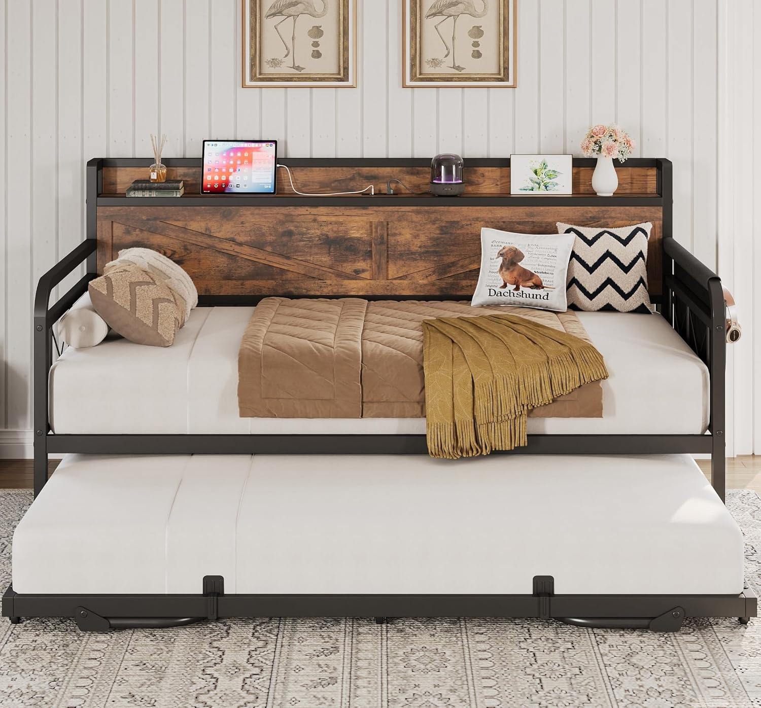 LIKIMIO Twin Daybed, Daybeds with Pop Up Trundle, Storage Headboard with Charging Station, Strong Supports for Apartment and Other Small Space, Industrial Brown