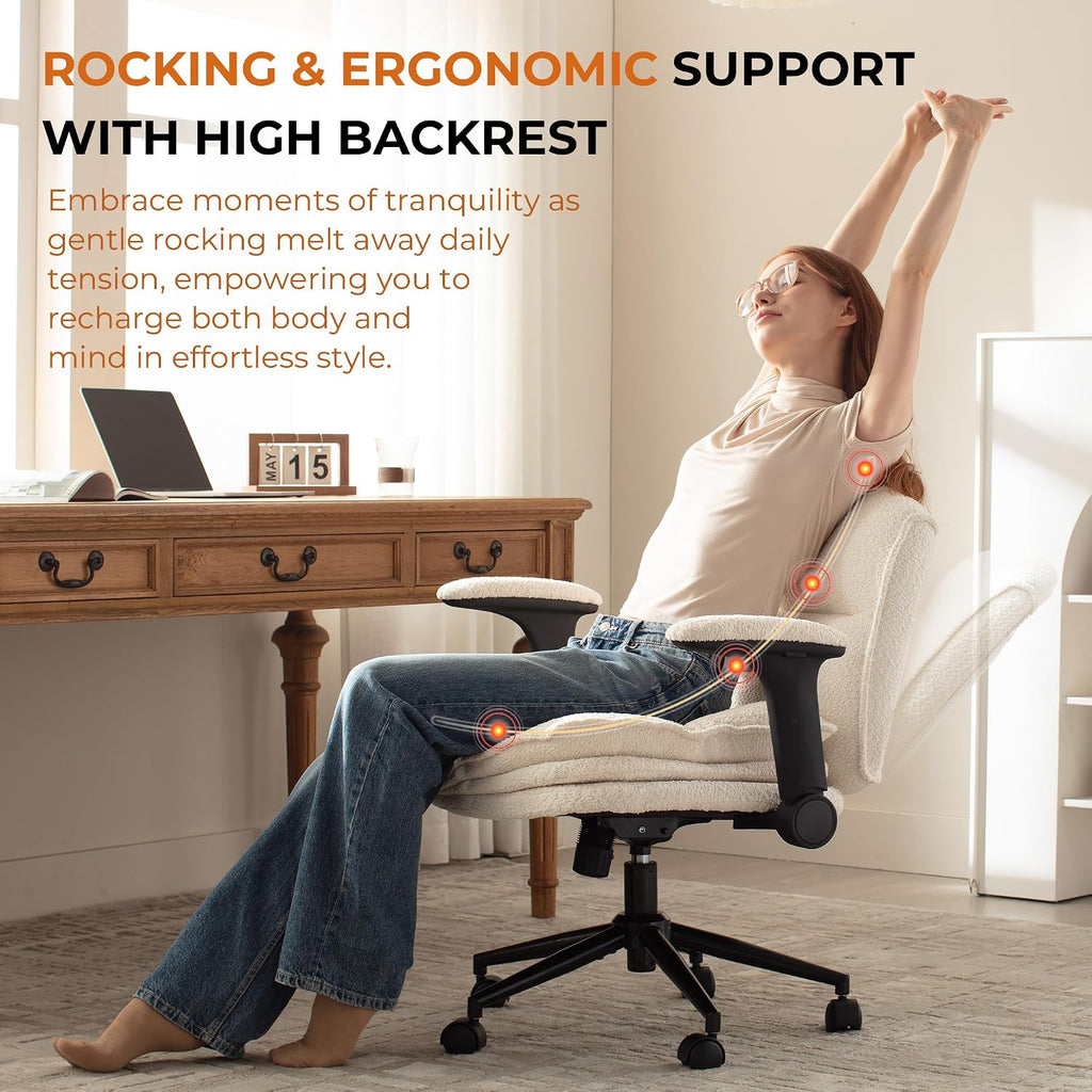 Dowinx Criss Cross Chair with Adjustable Flip-up Arms and Wheels, Comfort Ergonomic Office Desk Armchair with 3 Layer Cushions, Wide Seat Vanity Chair for Home Office, Living Room, Bedroom, Beige