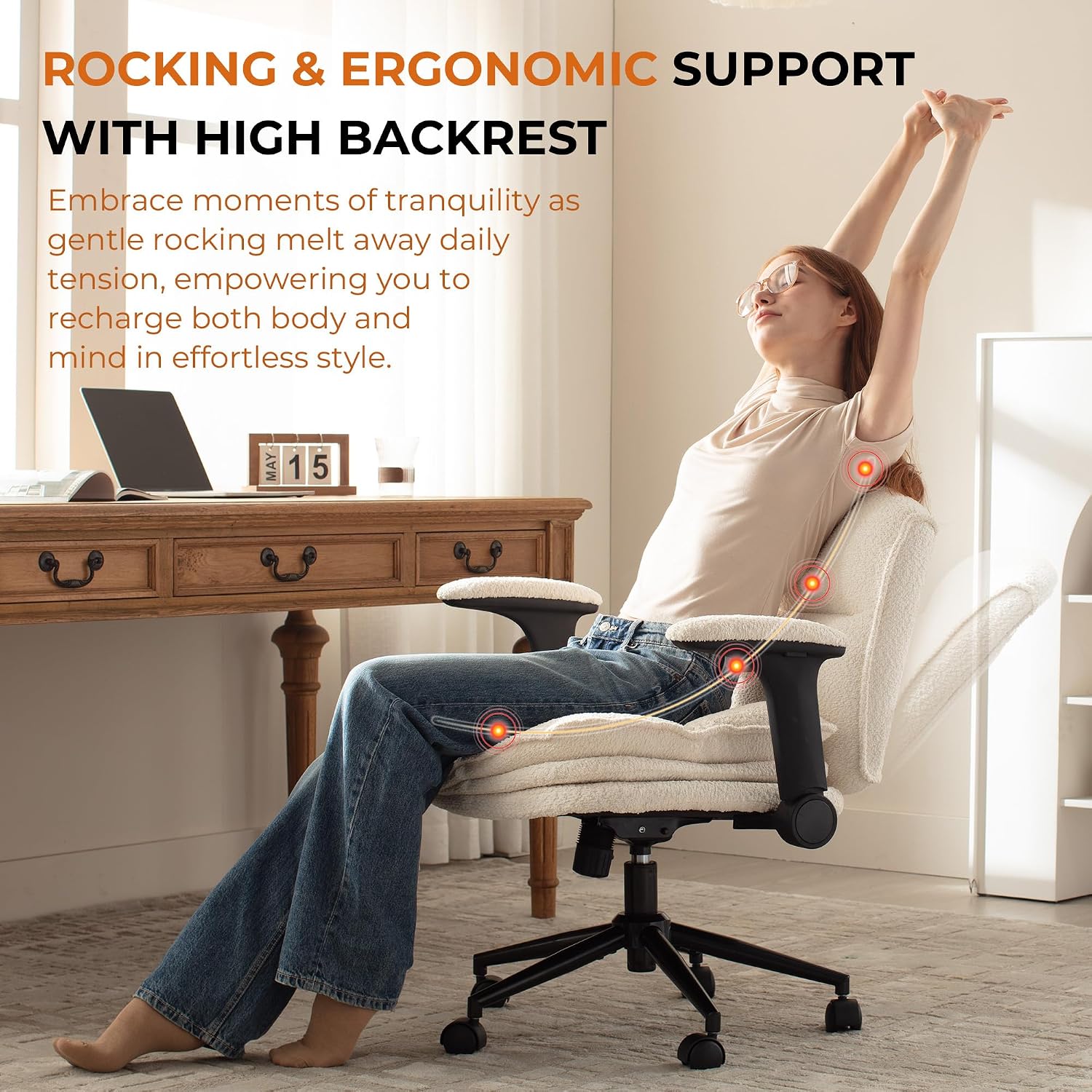 Dowinx Criss Cross Chair with Adjustable Flip-up Arms and Wheels, Comfort Ergonomic Office Desk Armchair with 3 Layer Cushions, Wide Seat Vanity Chair for Home Office, Living Room, Bedroom, Beige