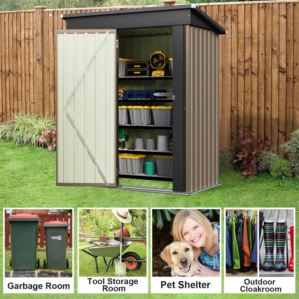 JUMMICO Metal Outdoor Storage Shed 5 x 3 FT Metal Shed with Lockable Door,Waterproof Garden Tool Shed Storage House for Backyard Patio Lawn, Brown