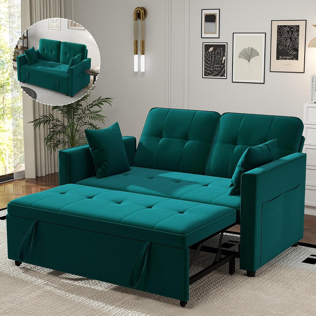 Green Convertible Sofa Bed: 3 in 1 Sleeper Sofa Couch Bed, Pull Out Couch with Adjustable Backrest, Velvet Convertible Loveseat Sleeper, for Living Room (Green)