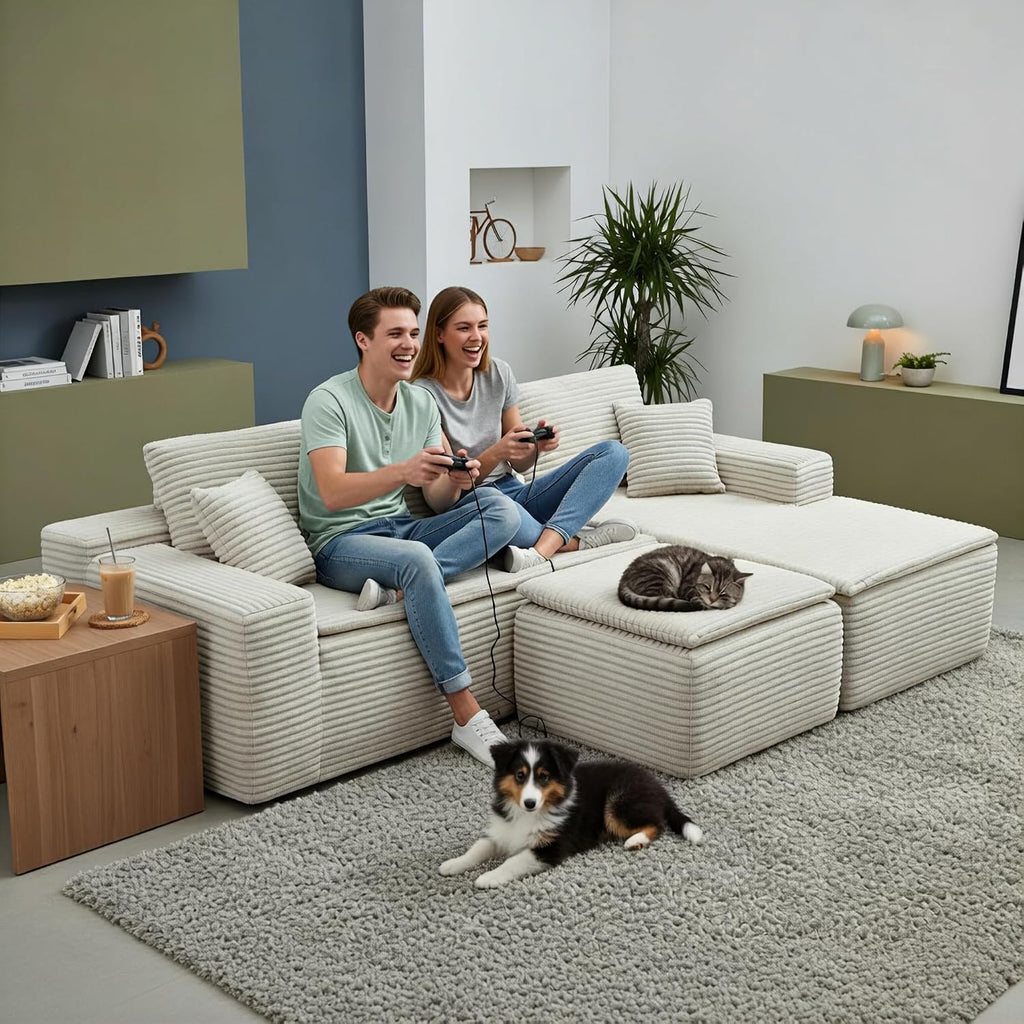 Modular Cloud Couch, Boneless Sectional Sofa for Living Room, Corduroy Fabric Deep Seat Memory Foam Couch, No Assembly Oversized Luxury Modern Fuzzy Plush, Compressed Couches Sofa in a Box