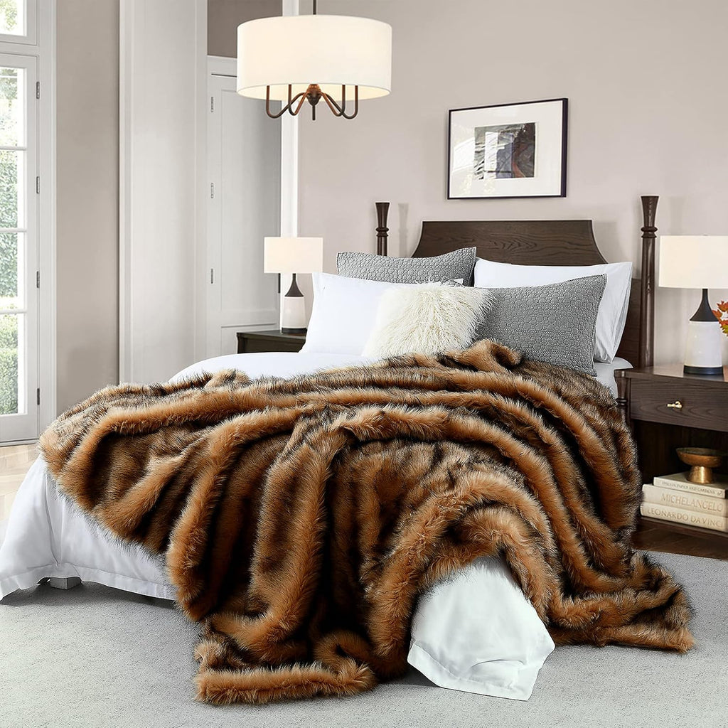 Luxury Plush Faux Fur Blanket Queen Size, Long Pile Brown with Black Tips, Oversized Super Warm, Fuzzy, Elegant, Fluffy Decoration Throw Blanket for Sofa, Armchair, Couch and Bed, 90'x90'