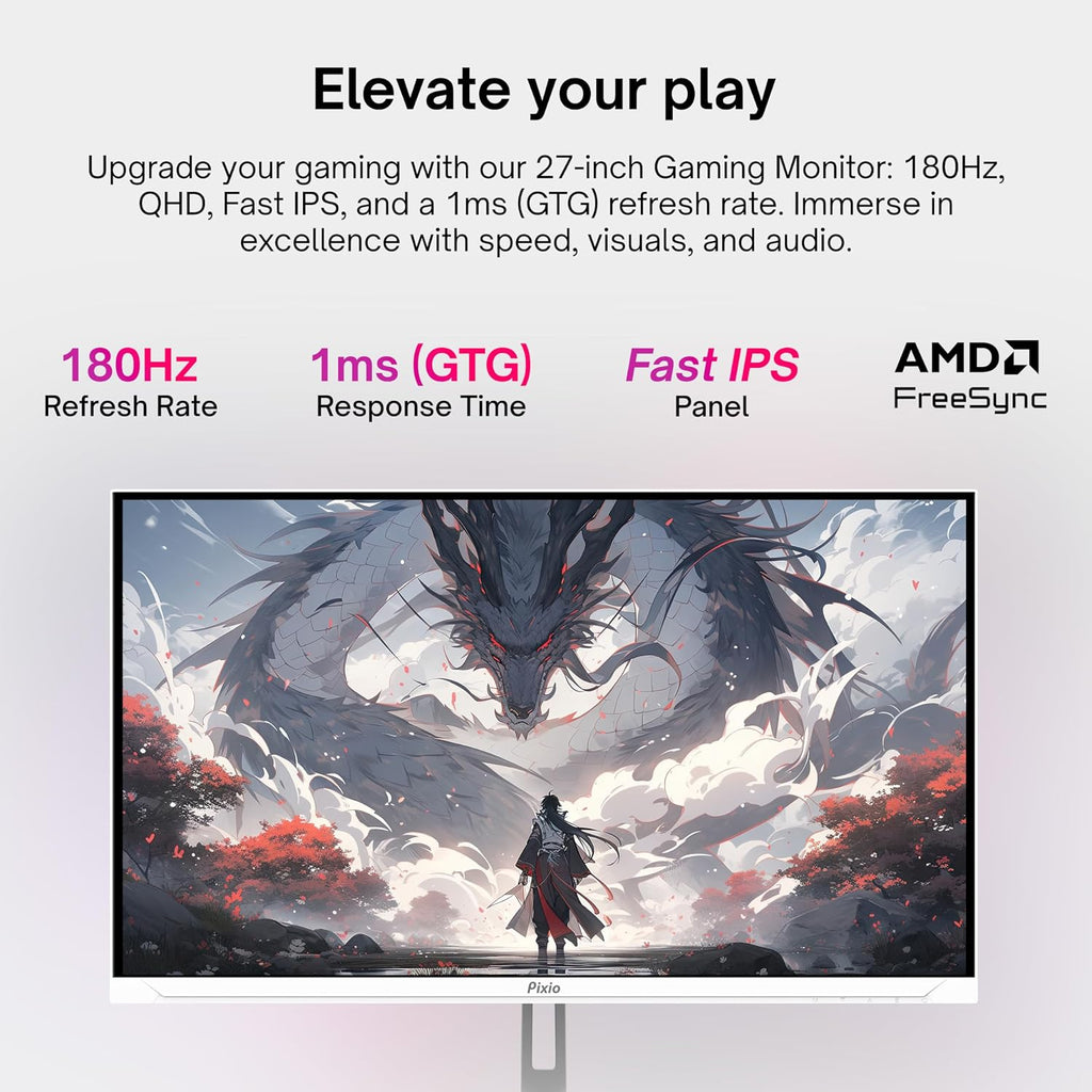 Pixio Two PX278 Wave White 27 inch 180Hz Refresh Rate FHD 1440p Resolution Fast IPS Panel 1ms GTG Response Time Gaming Monitor and PS1D Wave White Dual Monitor Arm - Fits up to 32 inches and 19.8lbs