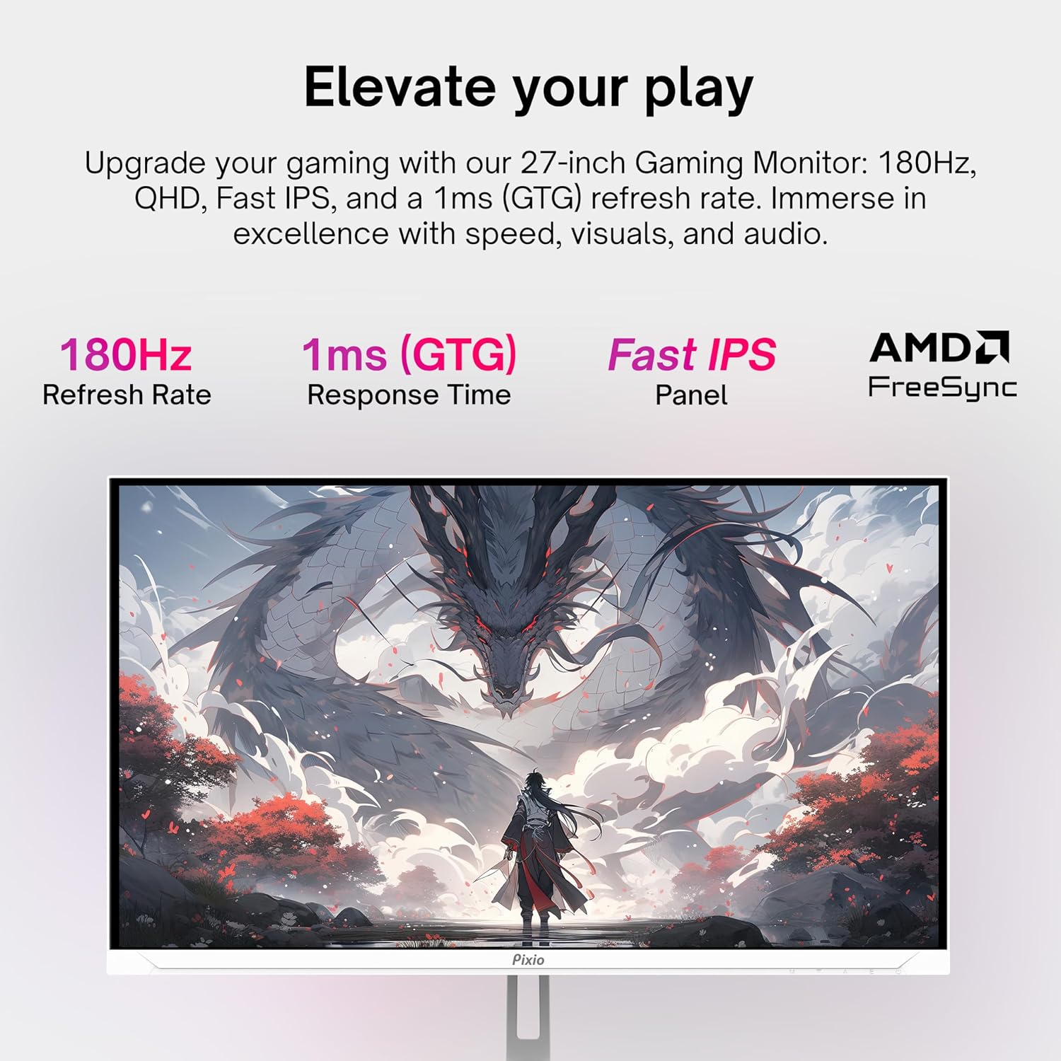 Pixio Two PX278 Wave White 27 inch 180Hz Refresh Rate FHD 1440p Resolution Fast IPS Panel 1ms GTG Response Time Gaming Monitor and PS1D Wave White Dual Monitor Arm - Fits up to 32 inches and 19.8lbs