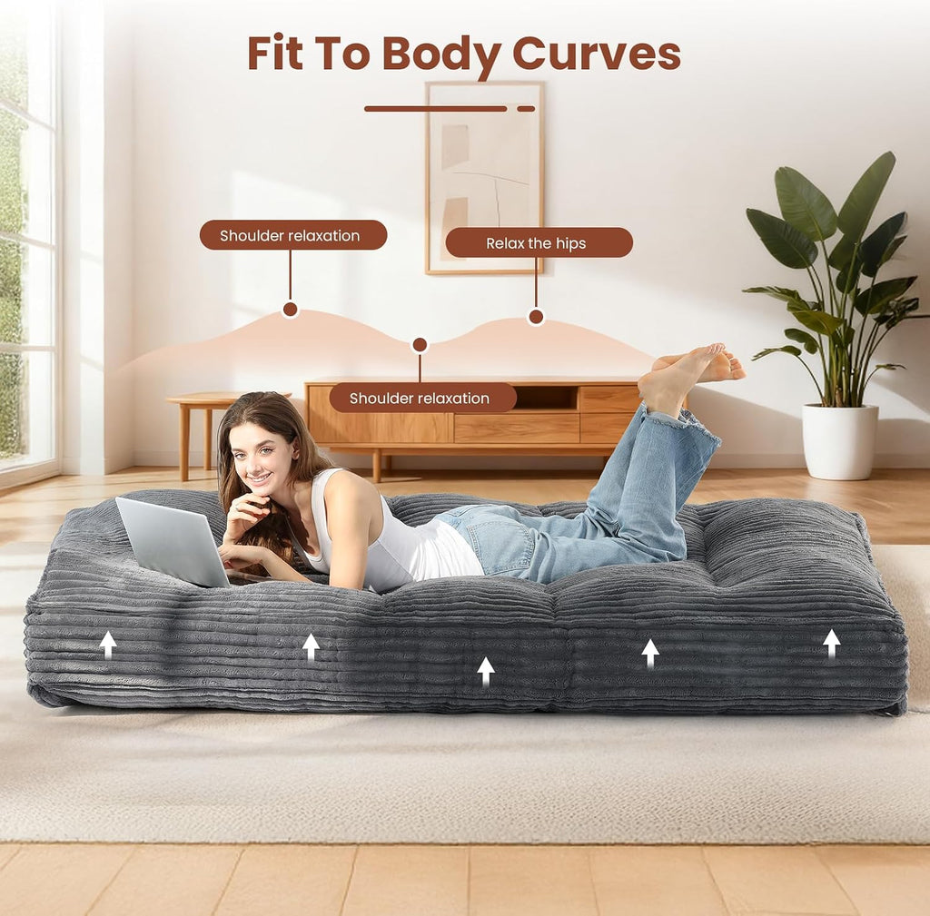 10' Futon Mattress Queen Size,Futons Sofa Couch Bed with Straps, Thick Corduroy Floor Mattress for Adults, Roll Up Folding Mattress Shredded Foam Filling, Medium Firm (Gray, Full)
