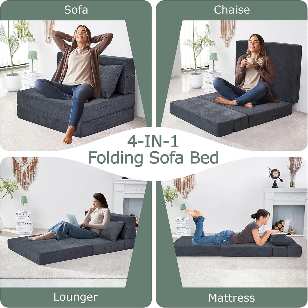 Folding Sofa Bed, 4 in 1 Convertible Sleeper Chair with Pillow, Twin Memory Foam Fold Out Chair Bed, Modern Floor Futon Sofa Couch Mattress for Living Room/Guest/Apartment, Dark Grey