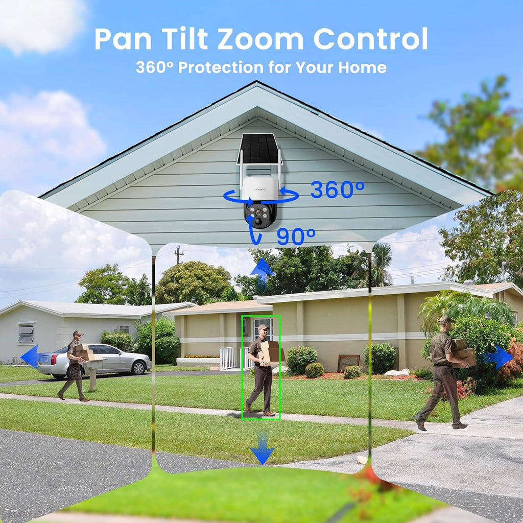 XMARTO Solar Camera Outdoor Wireless, 4 PCs QHD 4MP Wireless PTZ Security Camera System with 4K 10CH Expandable WiFi NVR, All-Weather Solar Charge, Two-Way Audio, PIR Sensor, 360° View, No Monthly Fee