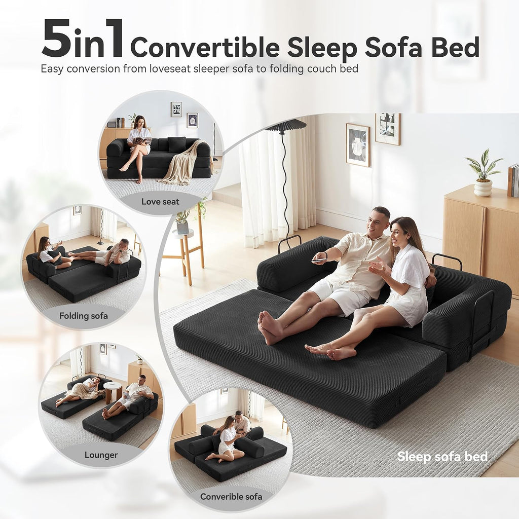 Convertible Sleeper Bed with 2 Cylindrical Pillow, Comfy Foldable Bed Compressed Sofa in Box, Floor Sofa Lounge Couch for Living Room Bedroom Lounge Studio, Tool-Free Assembly (Black)