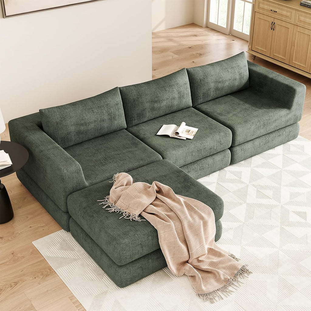 Chenille Modular Floor Sofa Bed, L Shaped Convertible Sleeper Couch with Memory Foam Cushions, Low Profile Sectional Sofa for Living Room, Apartment, Guest Room, Green
