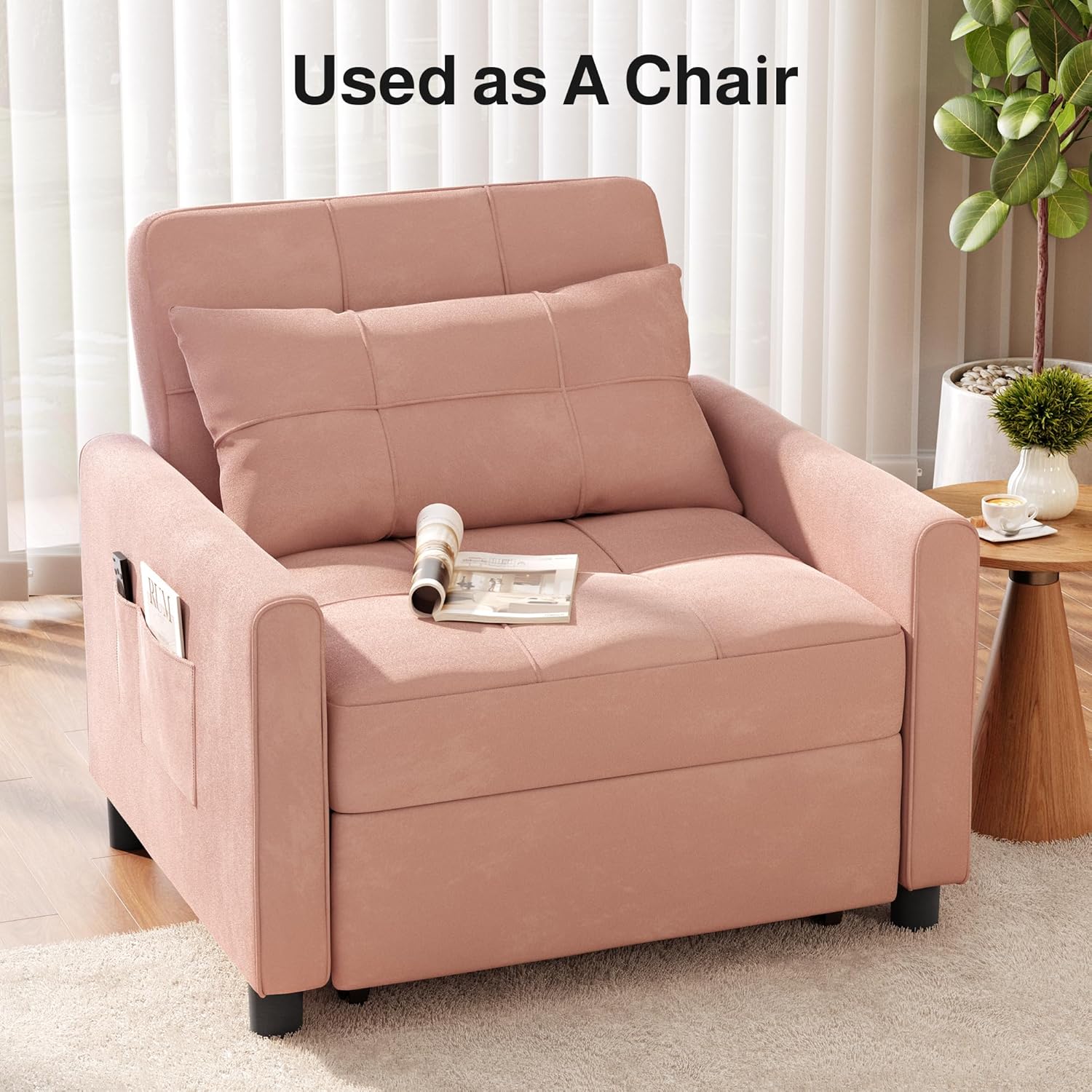 Ahomly Convertible Sleeper Chair Sofa Bed with 3-in-1 Design, Adjustable Backrest, and Storage Pocket for Living Room, Pink