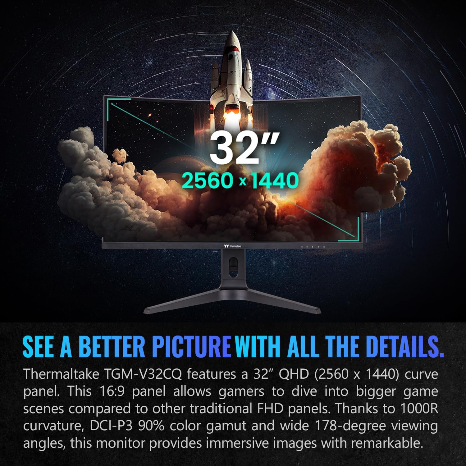 Thermaltake TGM-V32CQ Gaming Monitor/32in/CurveQHD 2K 1440P/170 Hz Refresh Rate/Black, GM-GCE-32CEQB-US