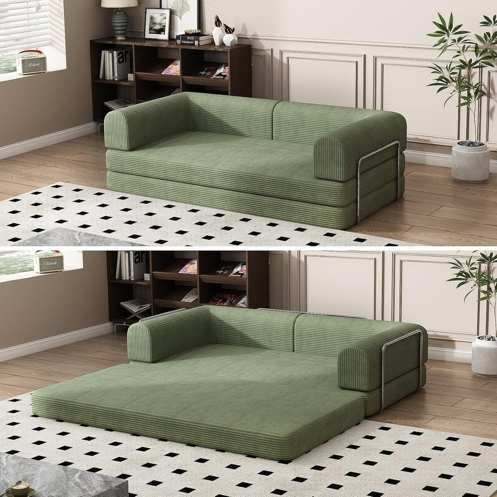 Convertible Corduroy Sleeper Sofa Bed,Folding Mattress Couch with Fixed-Shape Frame, 3 Seater Fold Out King Size Futon,No Assembly Floor Couch for Living Room Dorm Studio 78.7*39.4*29.6 Inch Green