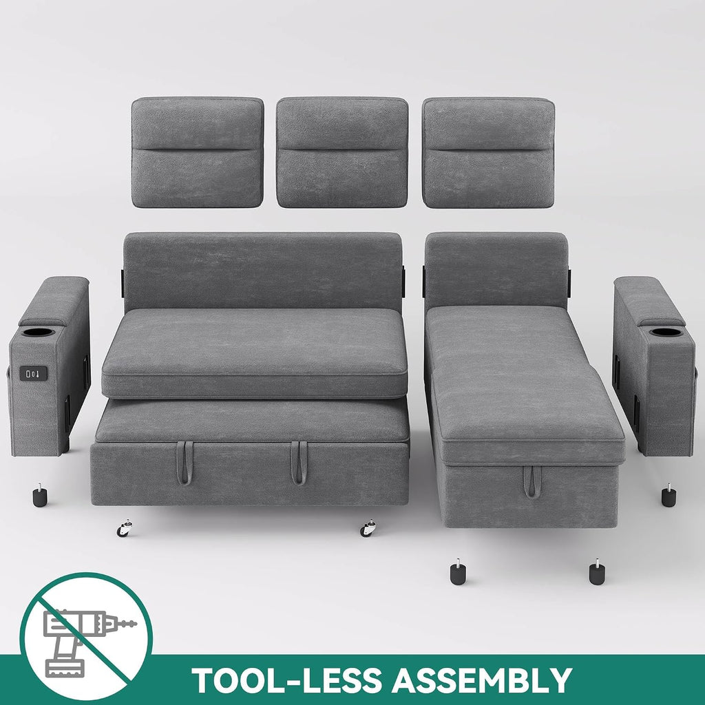 YITAHOME Sectional Sleeper Sofa with Pull Out Couch Bed, 81' Convertible Sleeper Sofa with Adjustable Backrest, Sofa Bed Sleeper Couch with Armrest & USB Port, Grey