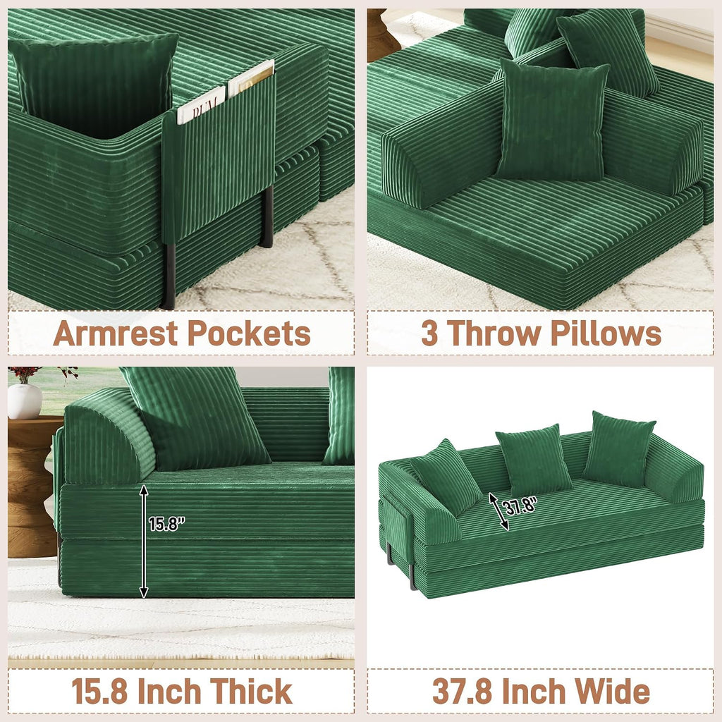 XVD 79' Boneless Sleeper Sofa Bed, Convertible Futon Couch with Pillows and Storage Pocket, Pull Out Compressed Sofa for Living Guest Room Bedroom, Green