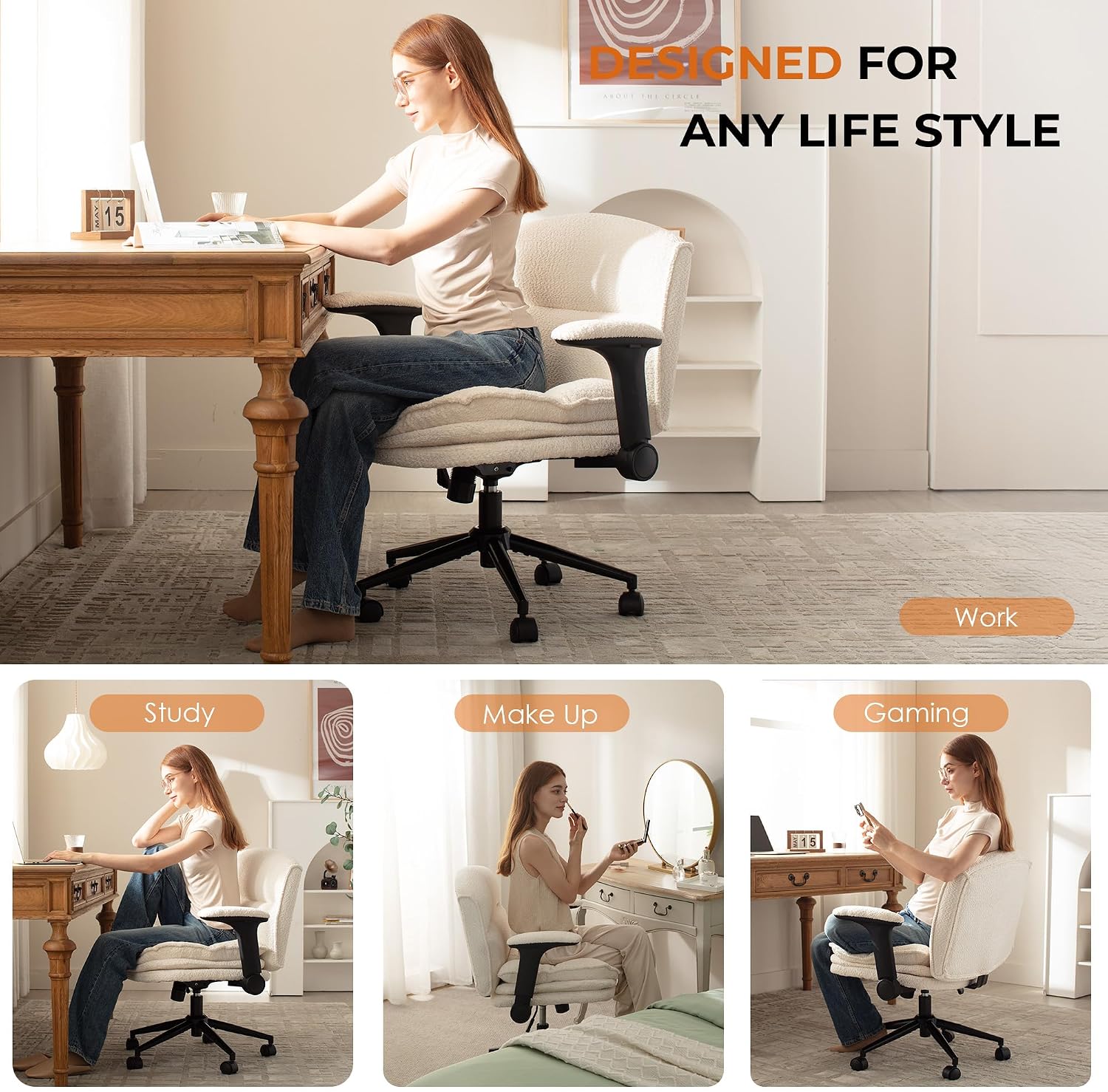 Dowinx Criss Cross Chair with Adjustable Flip-up Arms and Wheels, Comfort Ergonomic Office Desk Armchair with 3 Layer Cushions, Wide Seat Vanity Chair for Home Office, Living Room, Bedroom, Beige