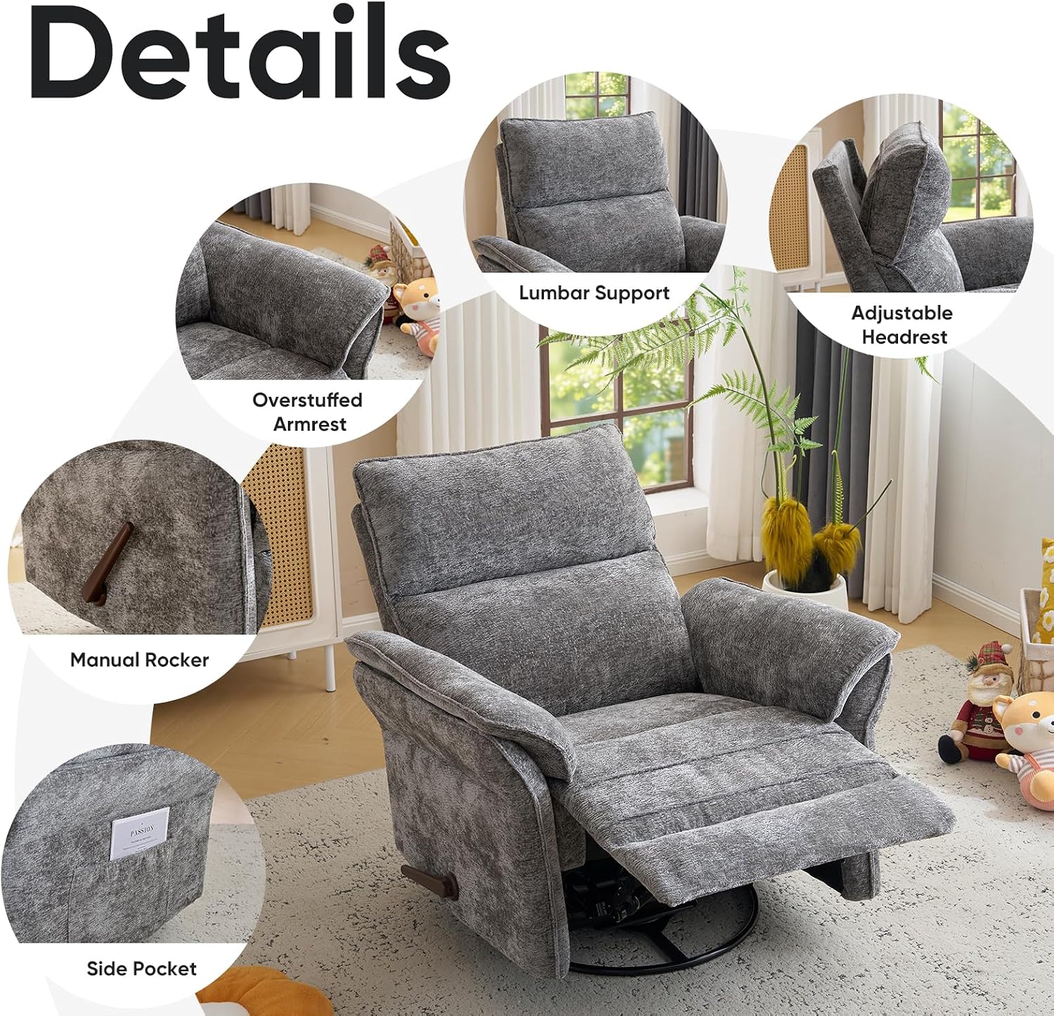 Rocking Chair Nursery with Adjustable Headrest,Manual Swivel Rocker Recliner Nursery Chair with Overstuffed Armrest,Glider Rocker Recliner for Living Room & Bedroom,Grey