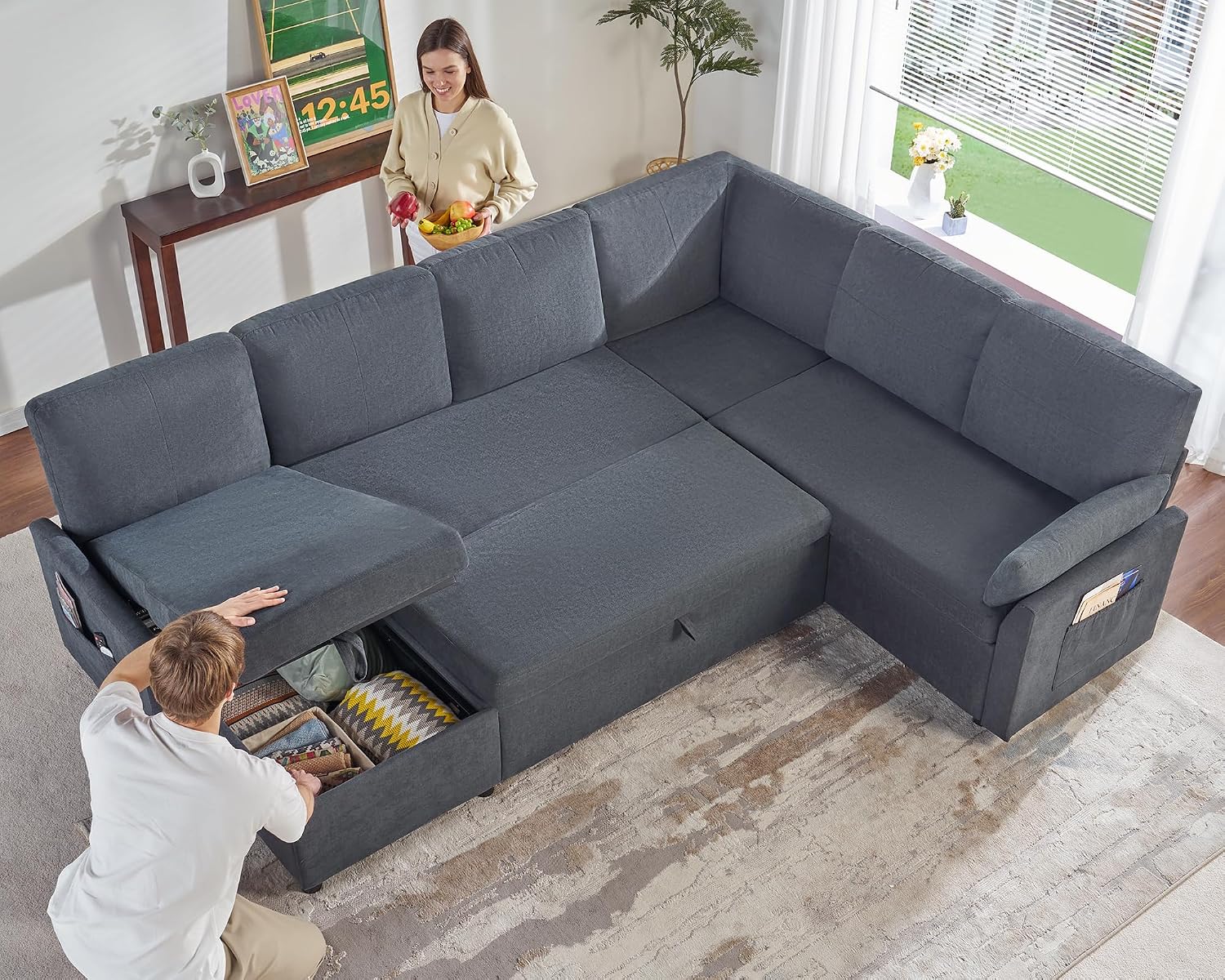 PaPaJet Sofa Bed, 112 Inch Sleeper Sofa, Oversized U Shaped Couch with Storage Chaise, Pull Out Couch for Living Room, Chenille Gray