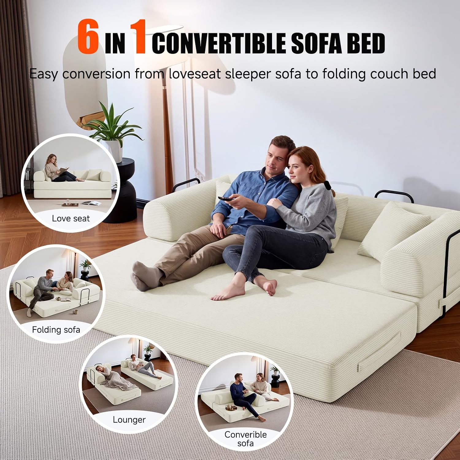 79' Compressed Sofa, Convertible Sofa Bed, Corduroy Compression Boneless Couch with Pillow, Comfy Modular Foldable Floor Sleeper Sofa for Bedroom, Living Room, Lounge, Studio (White)