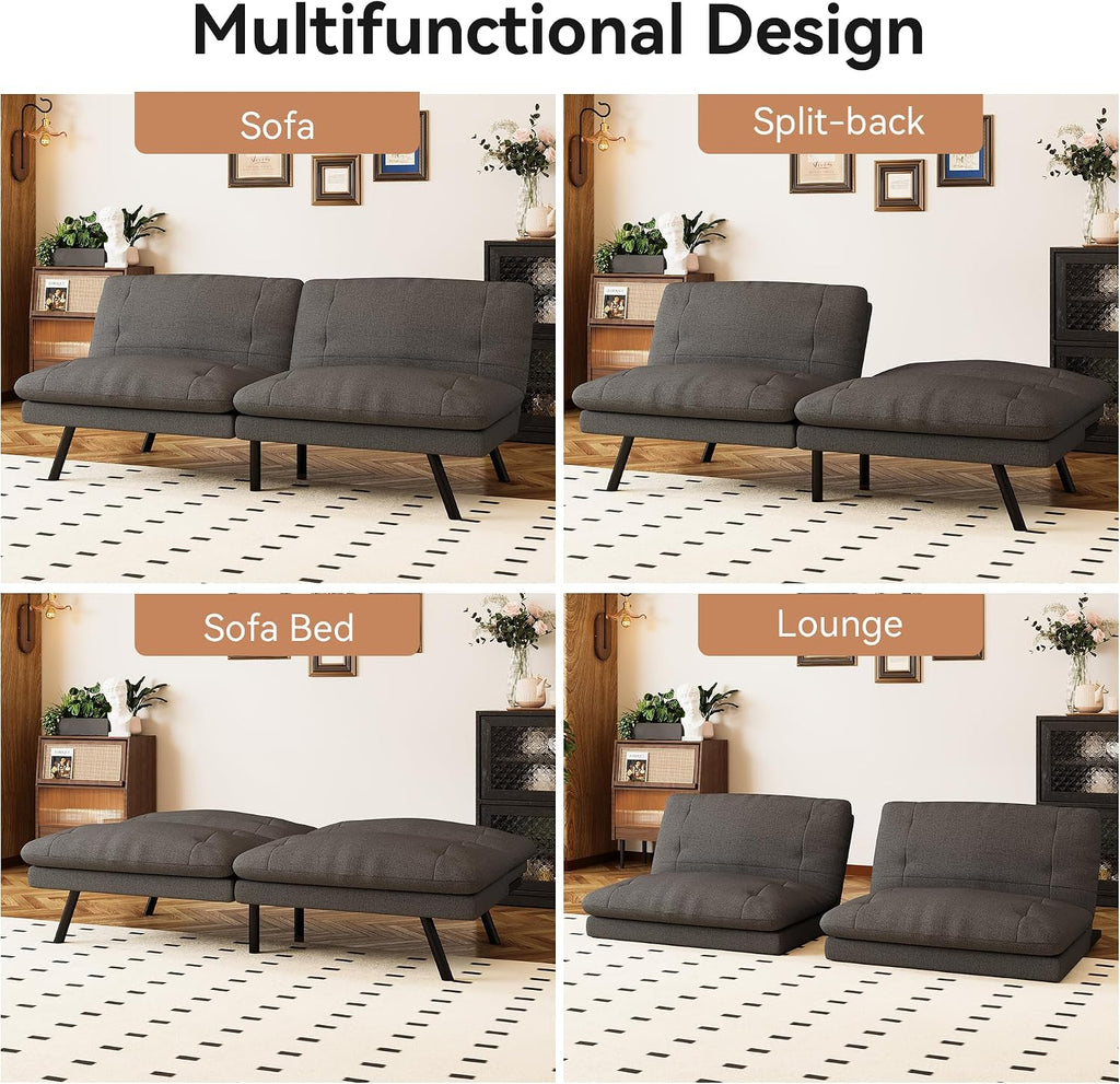Futon Sofa Bed Convertible Couch, Grey Linen Sofa Bed with Adjustable Backrest, Multifunctional Small Loveseat Sleeper Sofa for Living Room, Apartment, Office