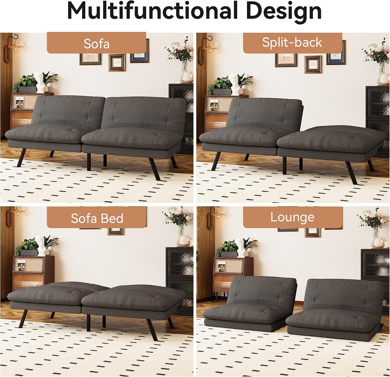 Futon Sofa Bed Convertible Couch, Grey Linen Sofa Bed with Adjustable Backrest, Multifunctional Small Loveseat Sleeper Sofa for Living Room, Apartment, Office